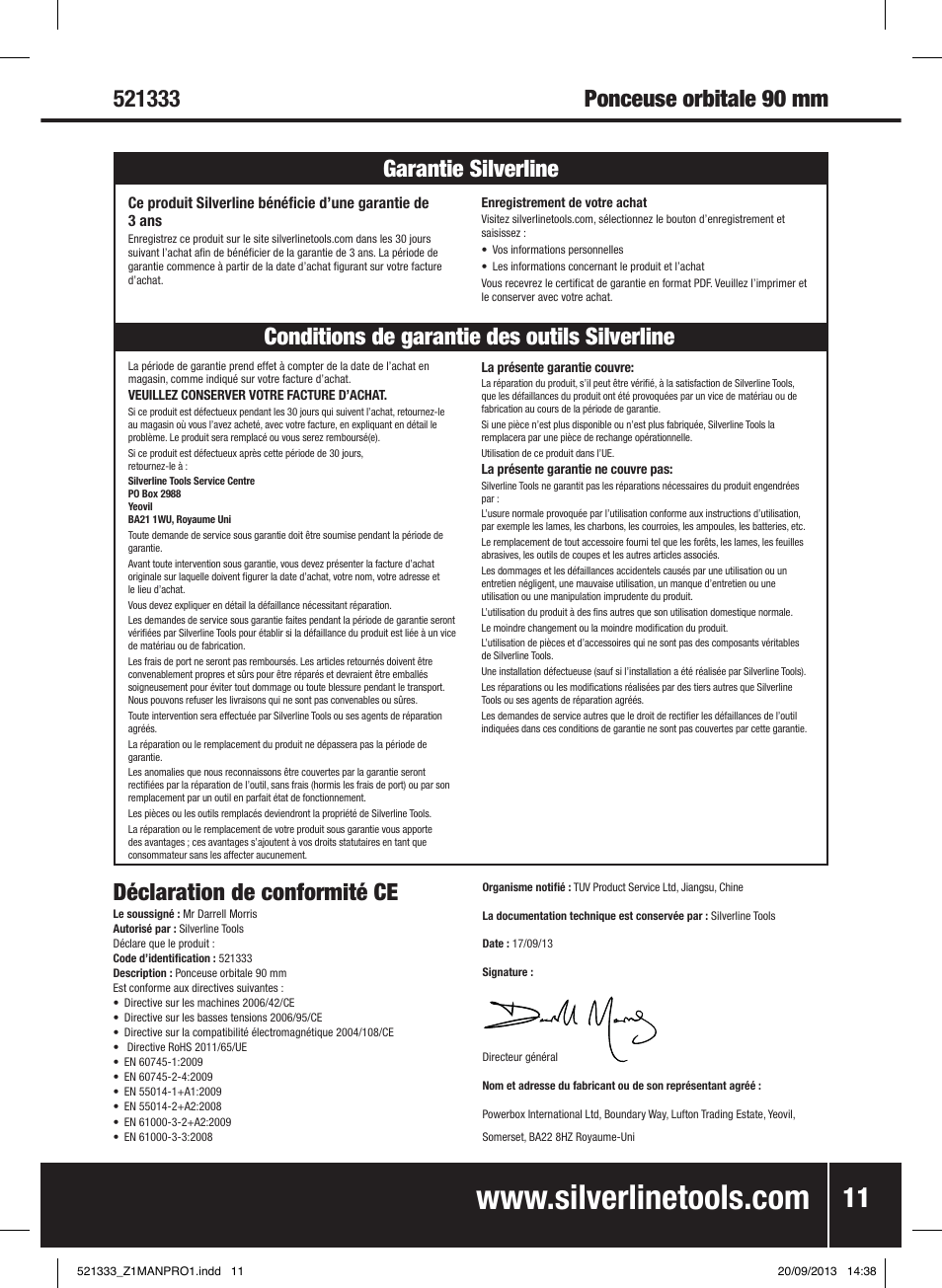 Déclaration de conformité ce | Silverline 135W Orbital Sander 1/3 Sheet User Manual | Page 12 / 28