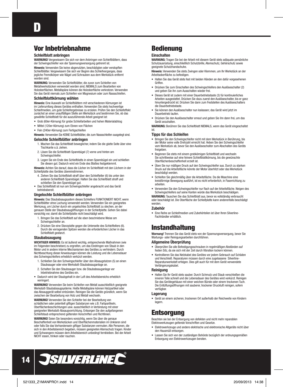 Vor inbetriebnahme, Bedienung, Instandhaltung | Entsorgung | Silverline 135W Orbital Sander 1/3 Sheet User Manual | Page 15 / 28