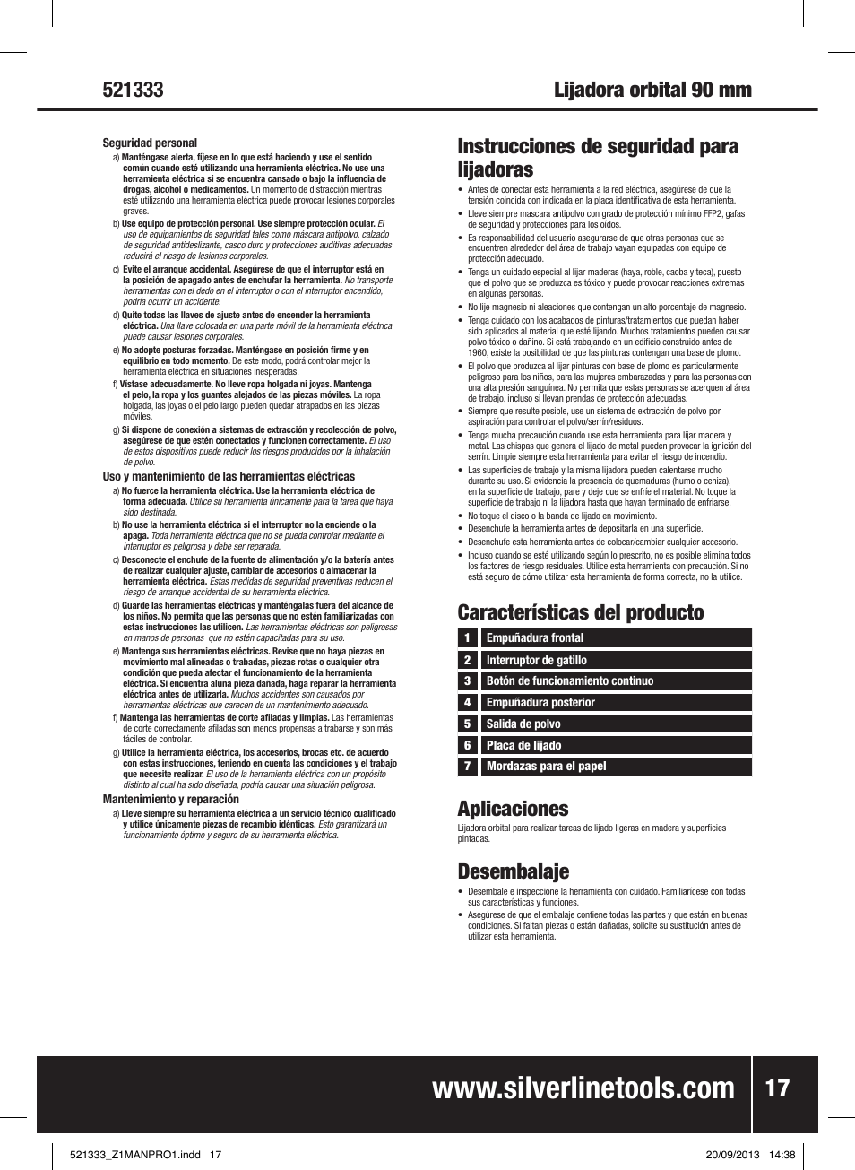 Características del producto aplicaciones, Desembalaje | Silverline 135W Orbital Sander 1/3 Sheet User Manual | Page 18 / 28