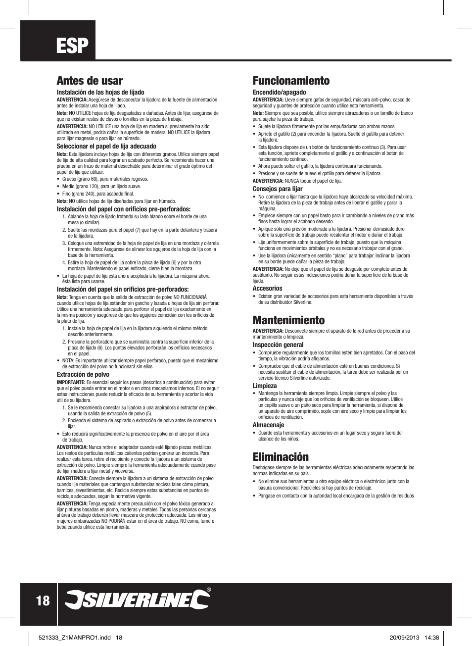 Antes de usar, Funcionamiento, Mantenimiento | Eliminación | Silverline 135W Orbital Sander 1/3 Sheet User Manual | Page 19 / 28