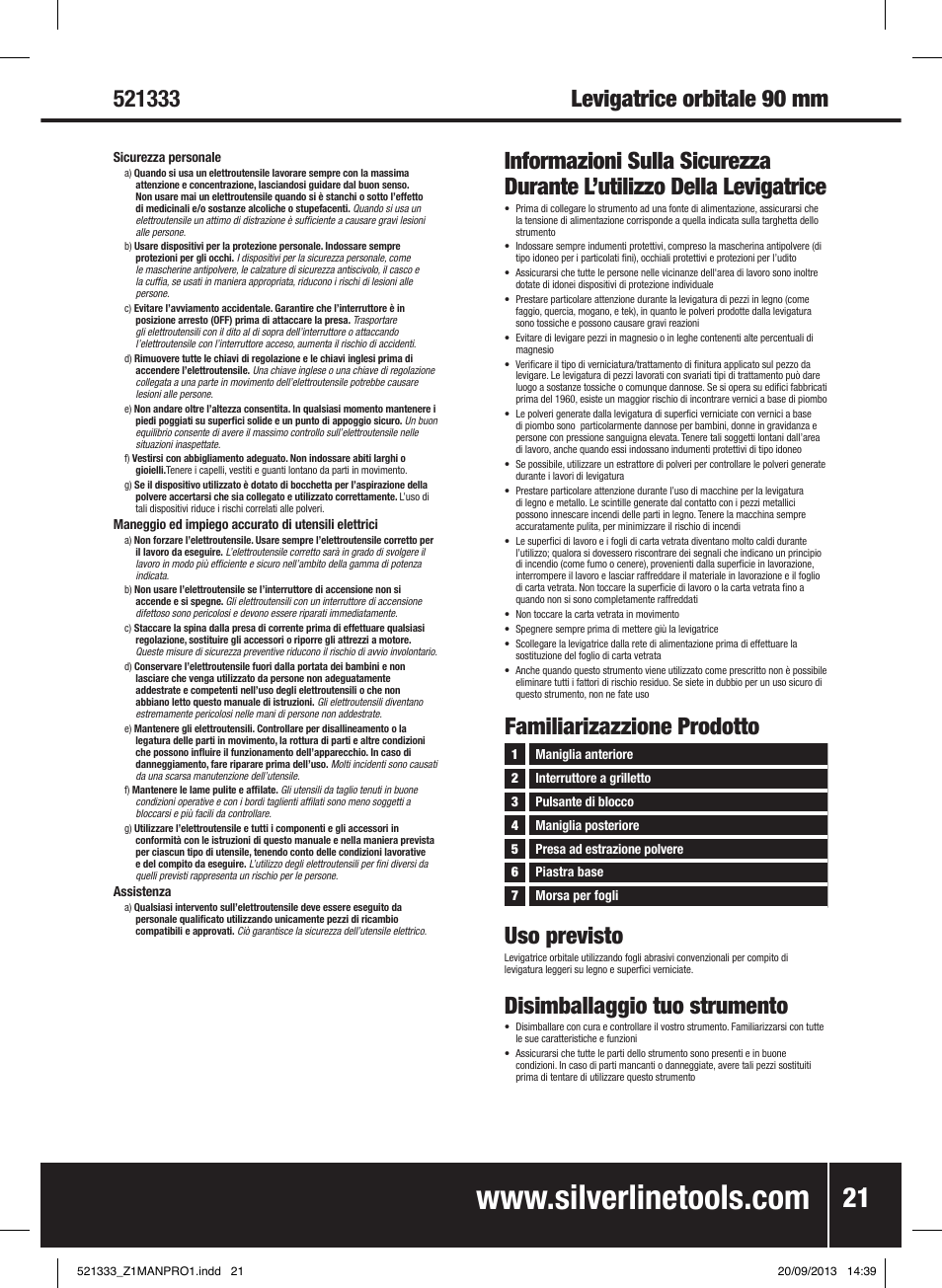 Familiarizazzione prodotto uso previsto, Disimballaggio tuo strumento | Silverline 135W Orbital Sander 1/3 Sheet User Manual | Page 22 / 28