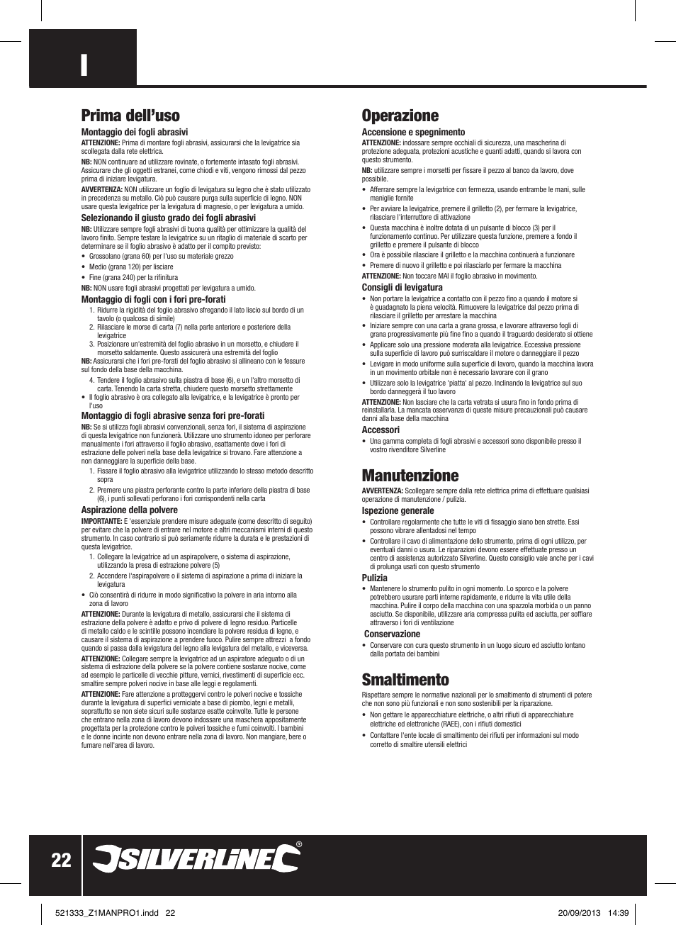Prima dell’uso, Operazione, Manutenzione | Smaltimento | Silverline 135W Orbital Sander 1/3 Sheet User Manual | Page 23 / 28