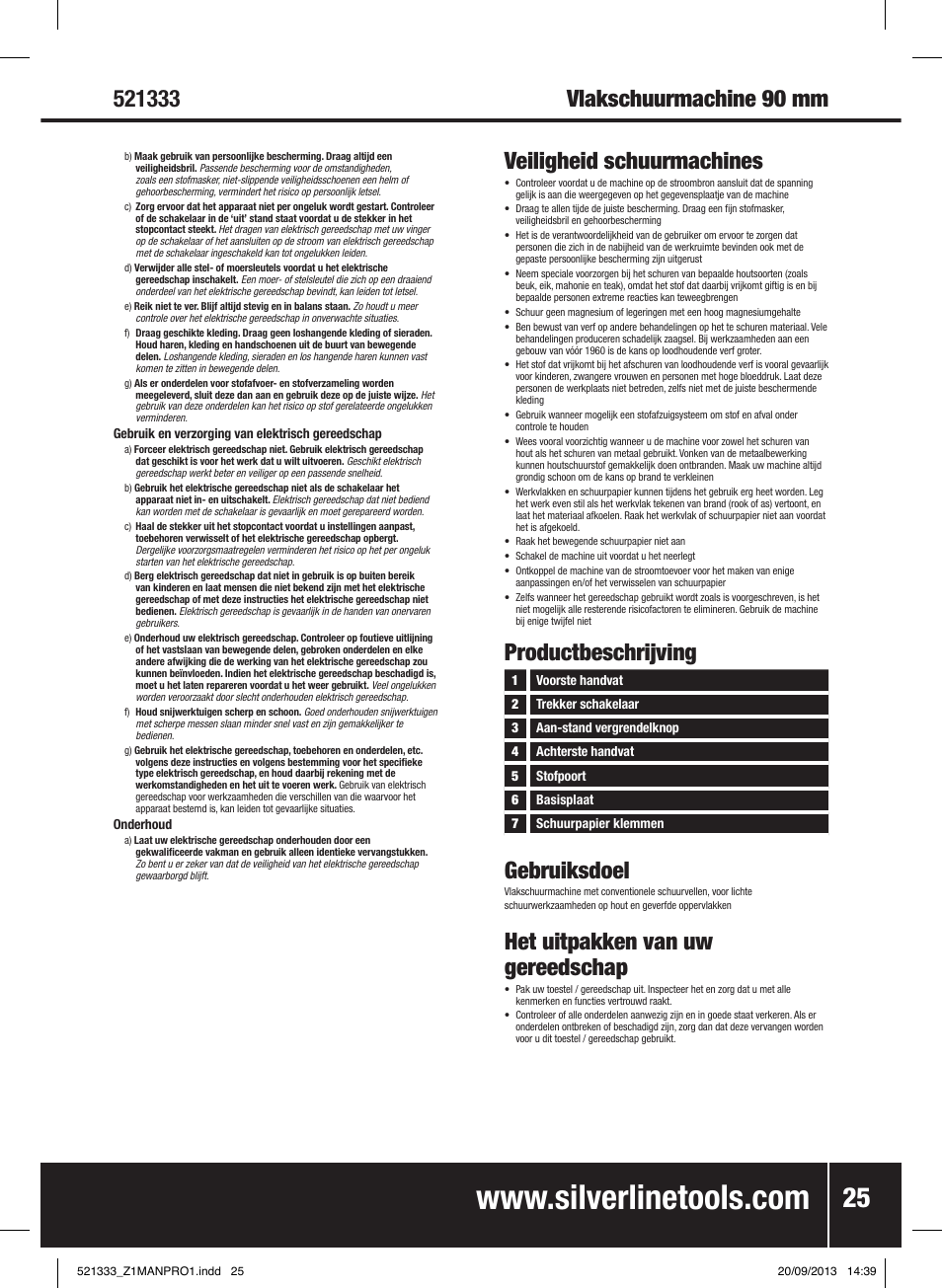 Veiligheid schuurmachines, Productbeschrijving gebruiksdoel, Het uitpakken van uw gereedschap | Silverline 135W Orbital Sander 1/3 Sheet User Manual | Page 26 / 28