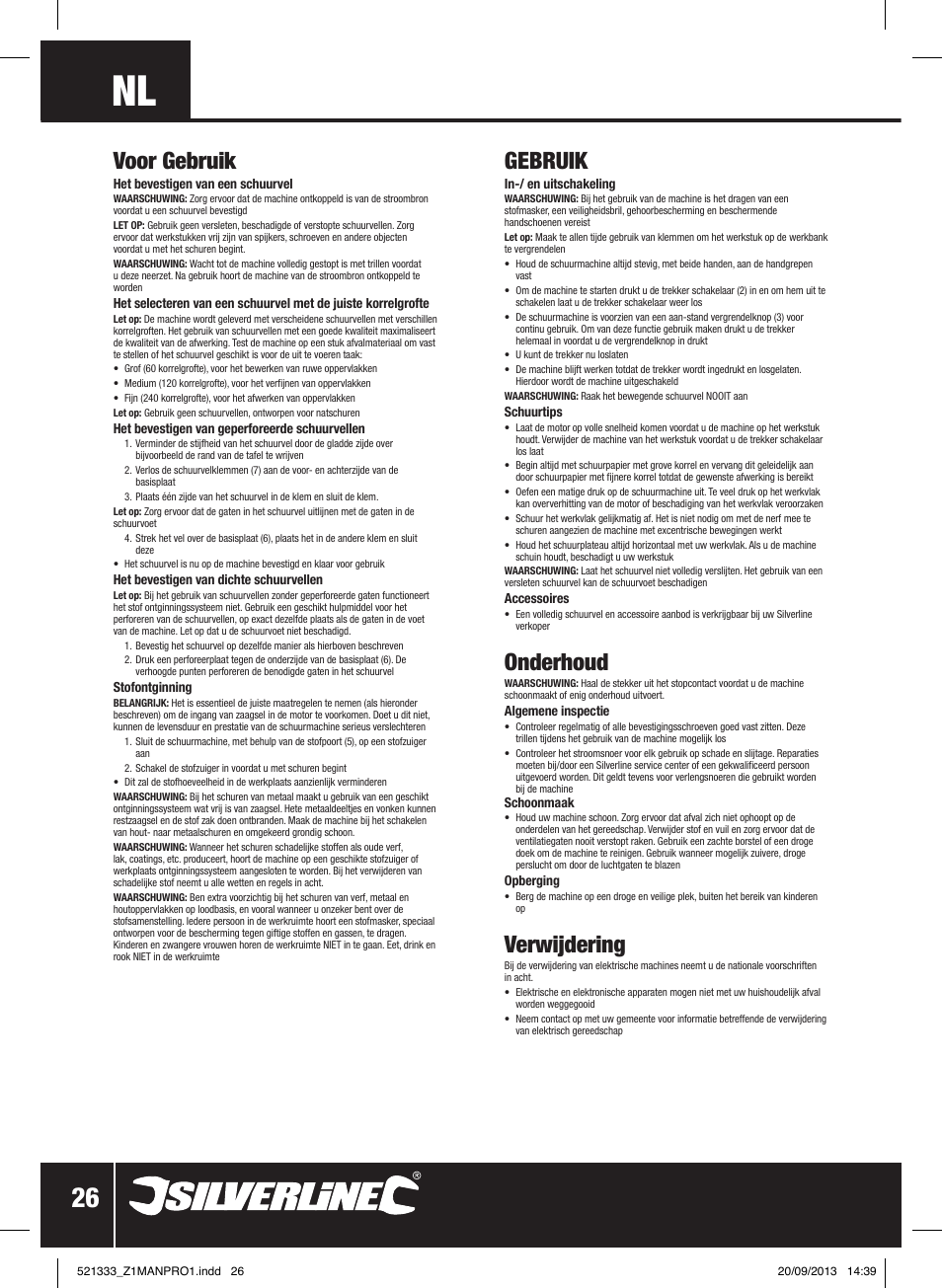 Voor gebruik, Gebruik, Onderhoud | Verwijdering | Silverline 135W Orbital Sander 1/3 Sheet User Manual | Page 27 / 28