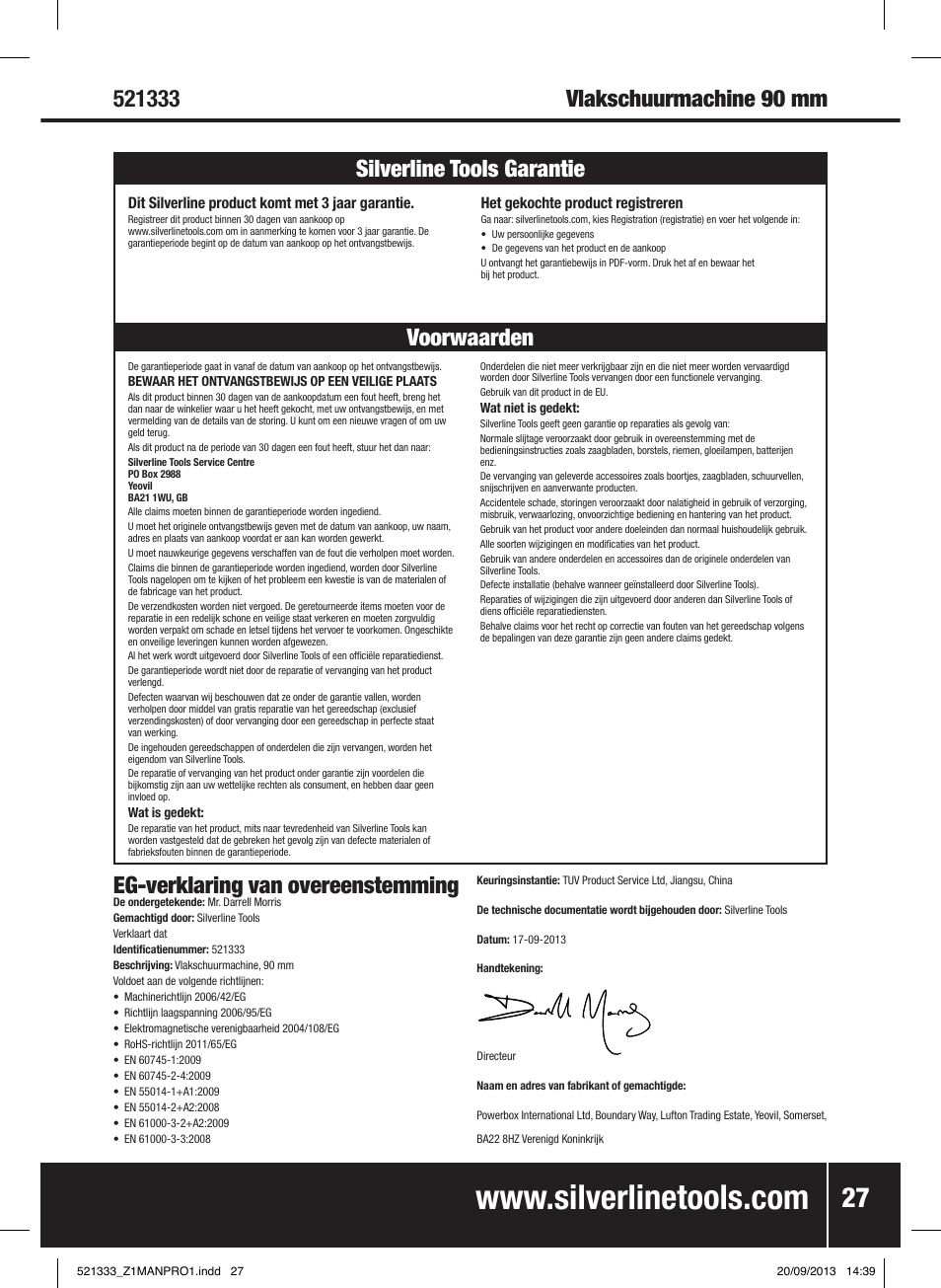 Eg-verklaring van overeenstemming | Silverline 135W Orbital Sander 1/3 Sheet User Manual | Page 28 / 28