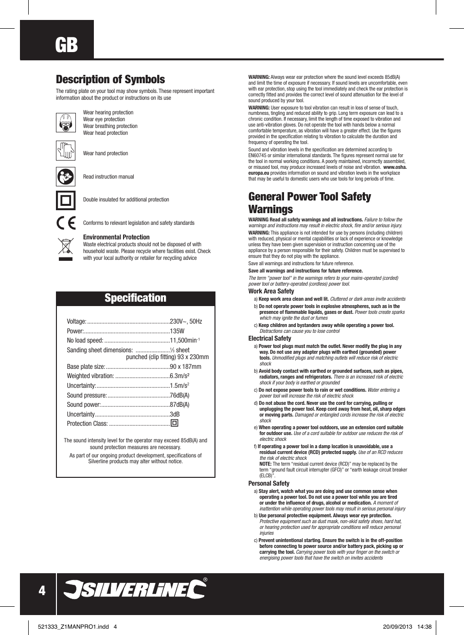 General power tool safety warnings, Description of symbols, Specification | Silverline 135W Orbital Sander 1/3 Sheet User Manual | Page 5 / 28