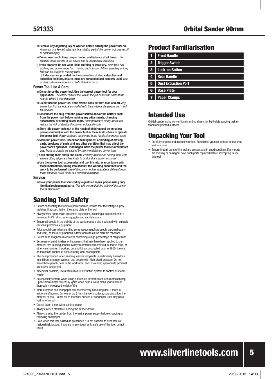 Sanding tool safety, Orbital sander 90mm intended use, Unpacking your tool | Product familiarisation | Silverline 135W Orbital Sander 1/3 Sheet User Manual | Page 6 / 28