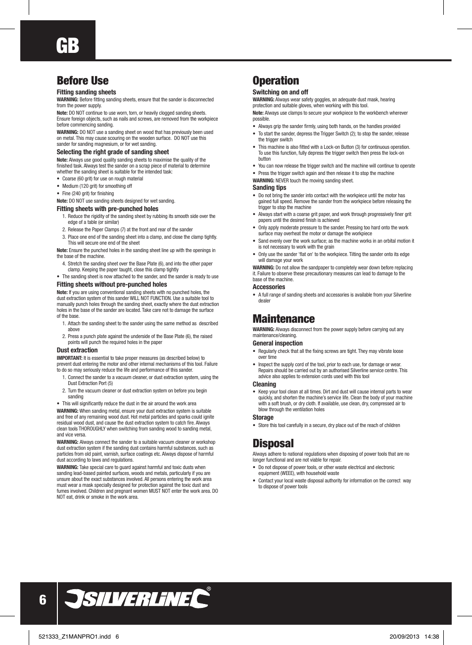 Before use, Operation, Maintenance | Disposal | Silverline 135W Orbital Sander 1/3 Sheet User Manual | Page 7 / 28