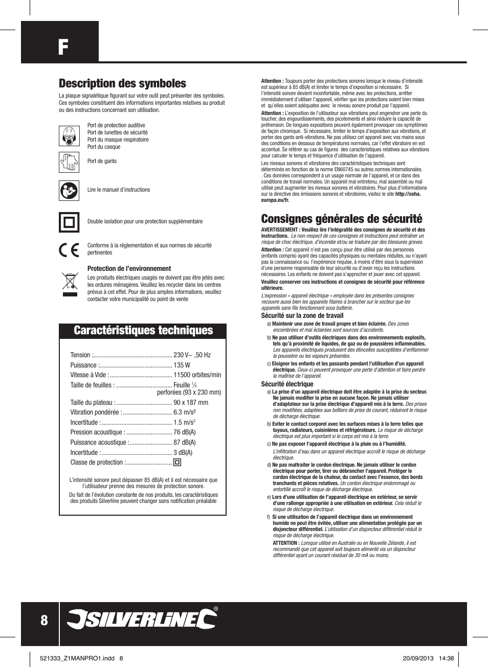 Consignes générales de sécurité, Caractéristiques techniques, Description des symboles | Silverline 135W Orbital Sander 1/3 Sheet User Manual | Page 9 / 28