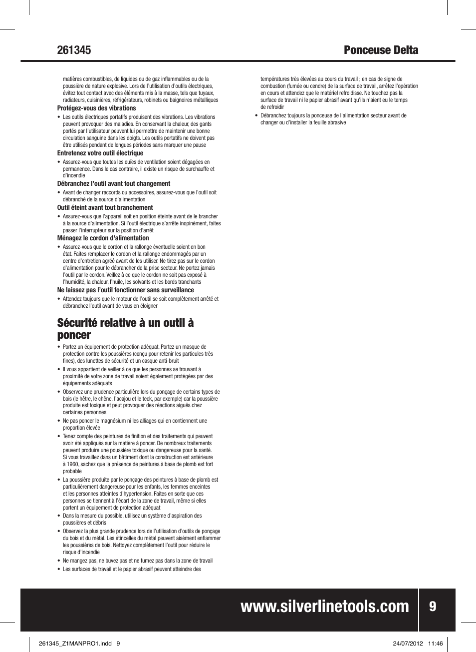 Sécurité relative à un outil à poncer | Silverline 180W Detail Sander 90mm User Manual | Page 10 / 28