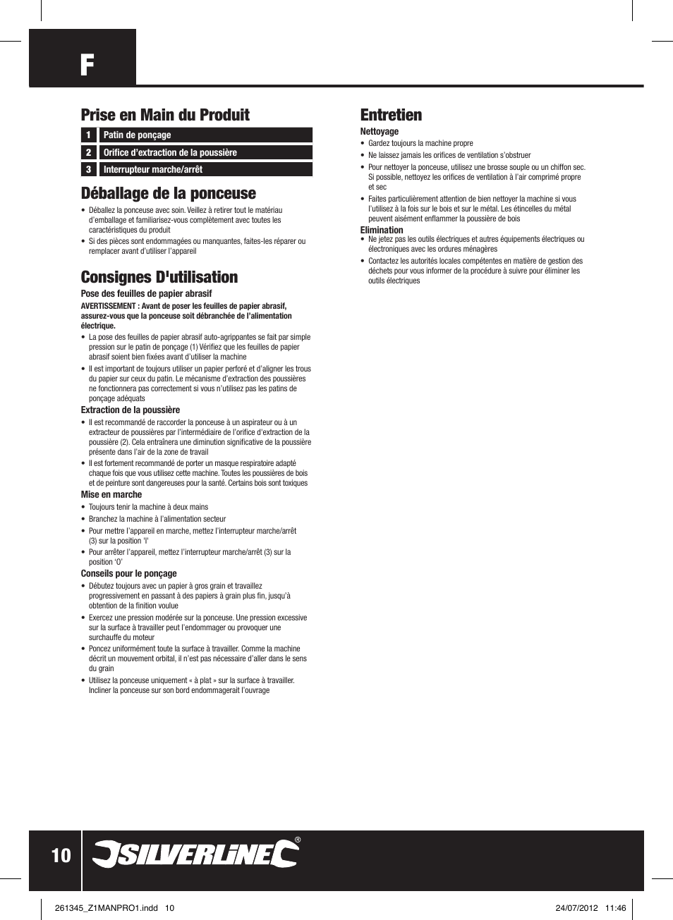 Prise en main du produit déballage de la ponceuse, Consignes d'utilisation, Entretien | Silverline 180W Detail Sander 90mm User Manual | Page 11 / 28