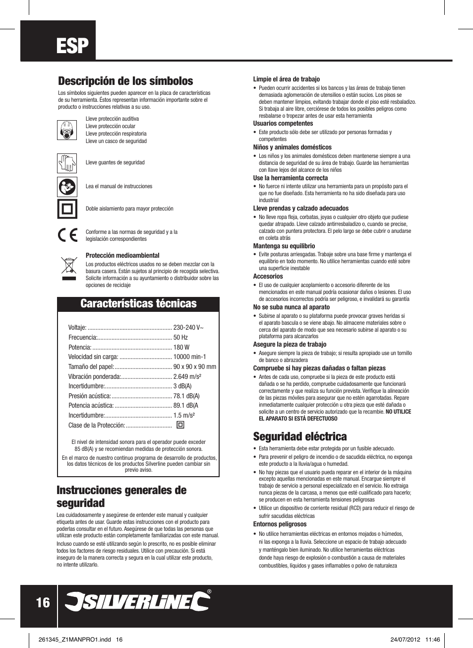 Instrucciones generales de seguridad, Seguridad eléctrica, Descripción de los símbolos | Características técnicas | Silverline 180W Detail Sander 90mm User Manual | Page 17 / 28