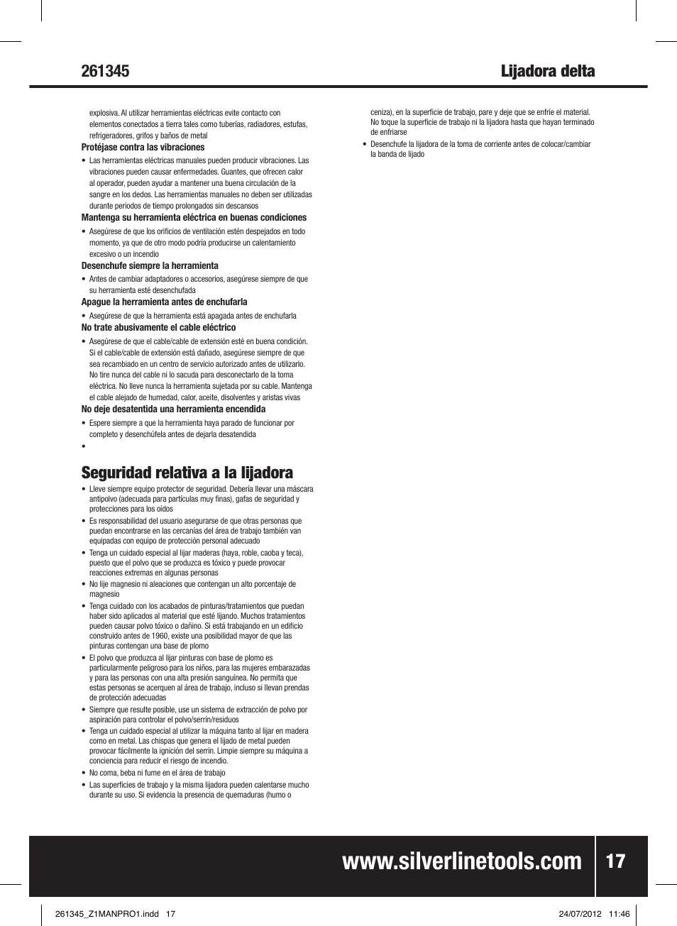 Seguridad relativa a la lijadora | Silverline 180W Detail Sander 90mm User Manual | Page 18 / 28