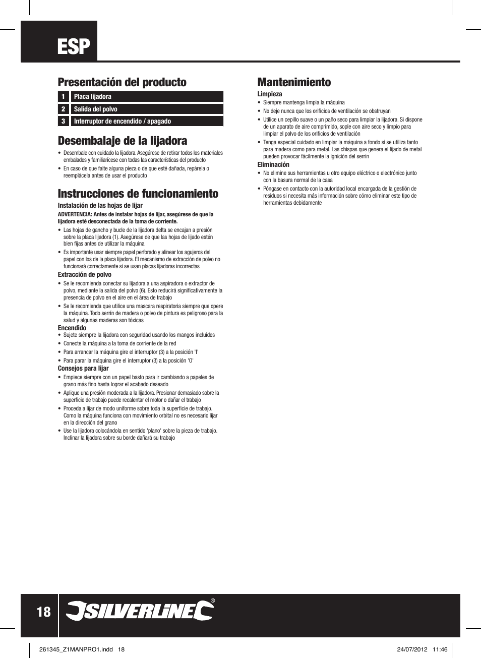 Desembalaje de la lijadora, Instrucciones de funcionamiento, Mantenimiento | Presentación del producto | Silverline 180W Detail Sander 90mm User Manual | Page 19 / 28