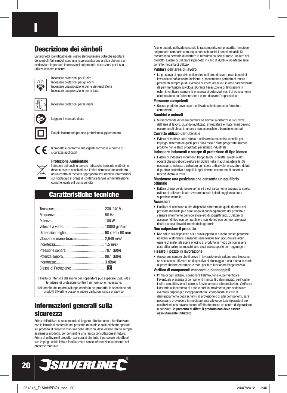 Informazioni generali sulla sicurezza, Descrizione dei simboli, Caratteristiche tecniche | Silverline 180W Detail Sander 90mm User Manual | Page 21 / 28