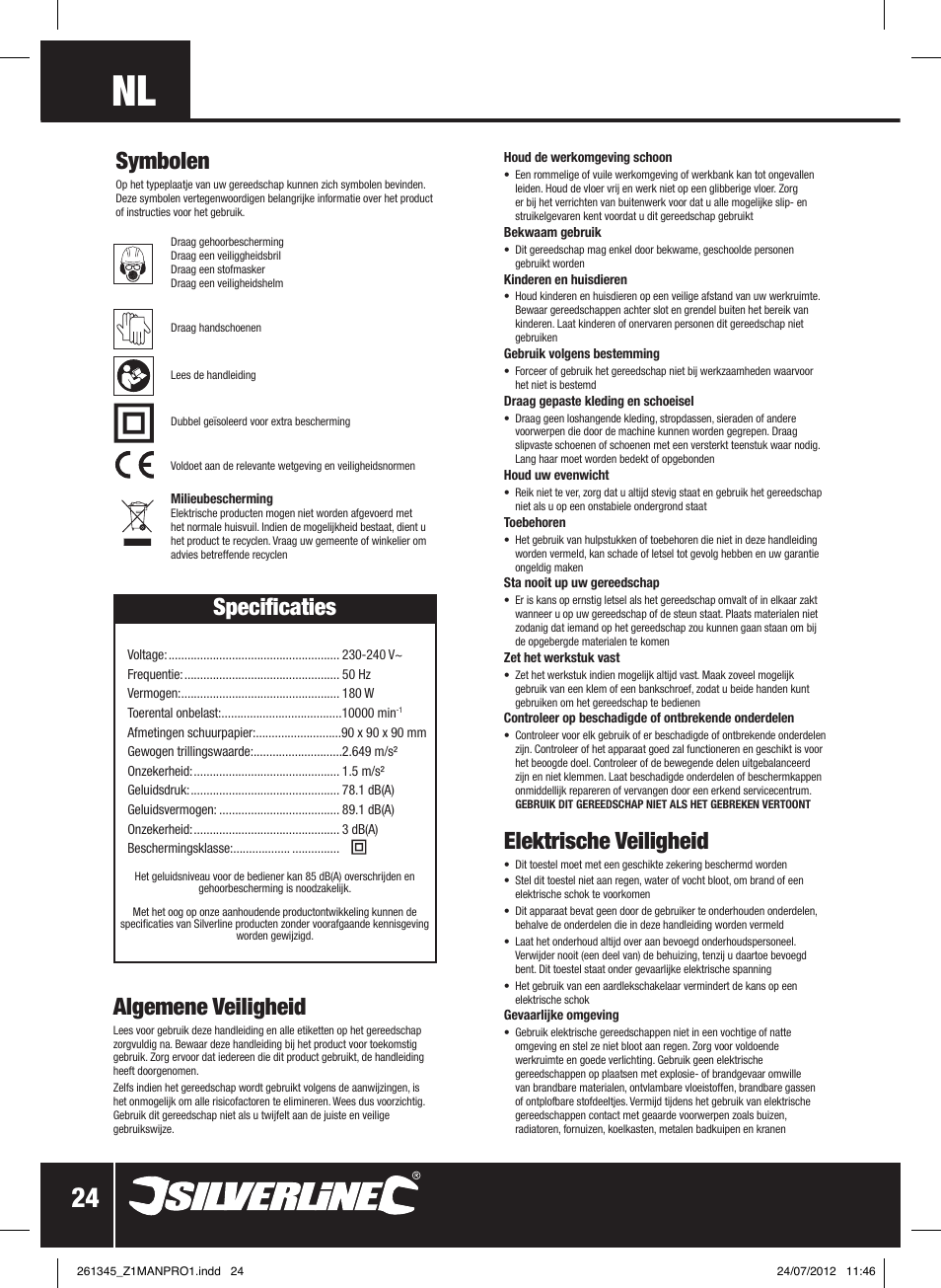 Algemene veiligheid, Elektrische veiligheid, Symbolen | Specificaties | Silverline 180W Detail Sander 90mm User Manual | Page 25 / 28