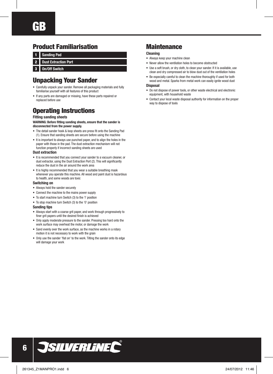 Unpacking your sander, Operating instructions, Maintenance | Product familiarisation | Silverline 180W Detail Sander 90mm User Manual | Page 7 / 28