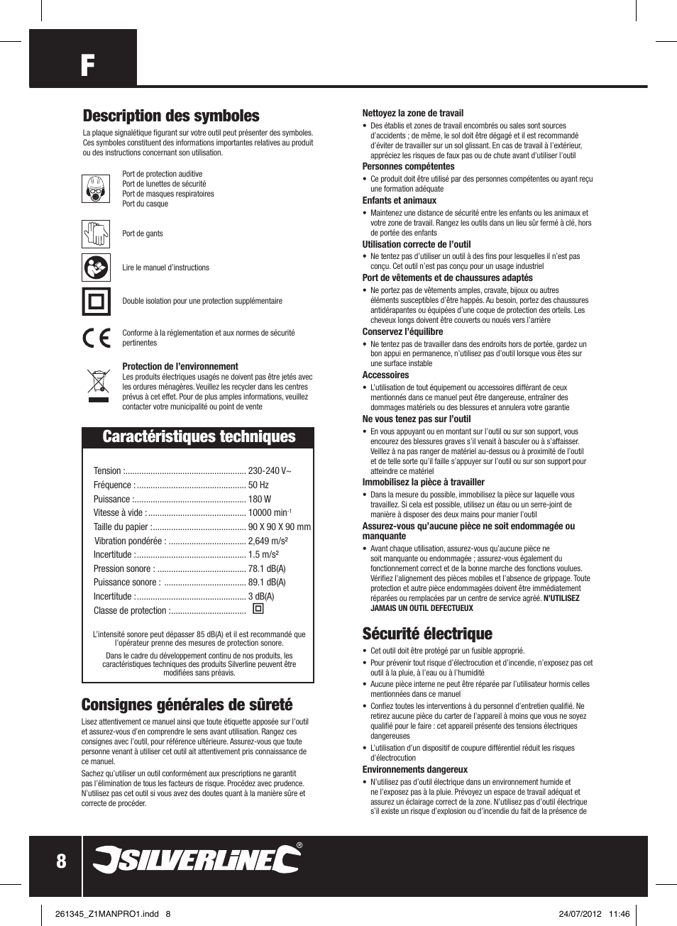 Sécurité électrique, Consignes générales de sûreté, Description des symboles | Caractéristiques techniques | Silverline 180W Detail Sander 90mm User Manual | Page 9 / 28
