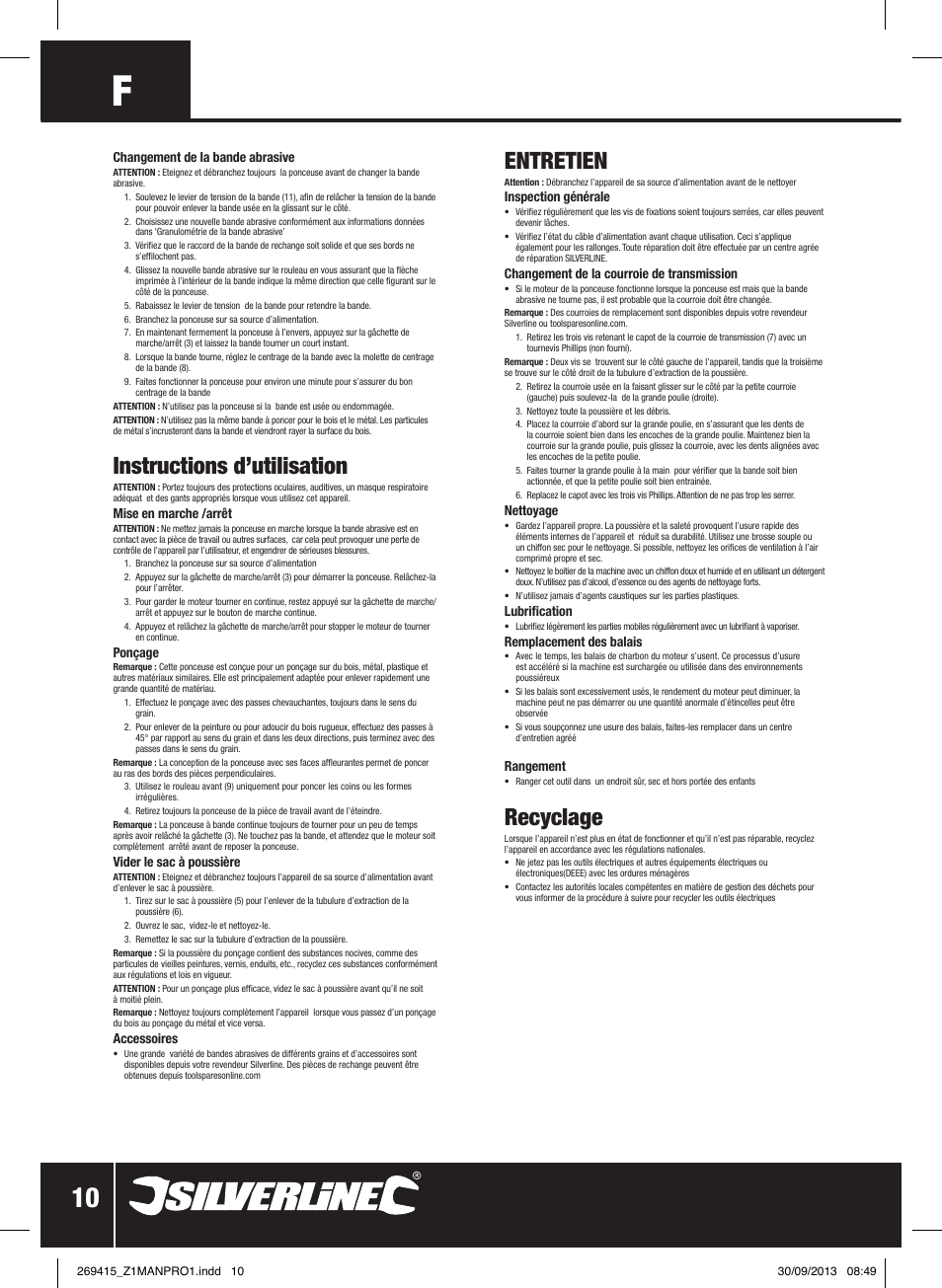 Instructions d’utilisation, Entretien, Recyclage | Silverline 900W Belt Sander 76mm User Manual | Page 11 / 28