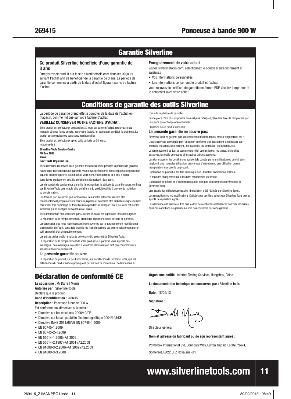 Déclaration de conformité ce | Silverline 900W Belt Sander 76mm User Manual | Page 12 / 28