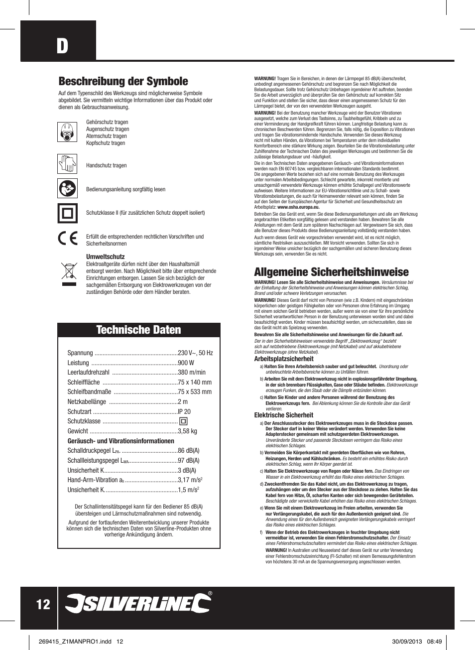 Allgemeine sicherheitshinweise, Technische daten, Beschreibung der symbole | Silverline 900W Belt Sander 76mm User Manual | Page 13 / 28