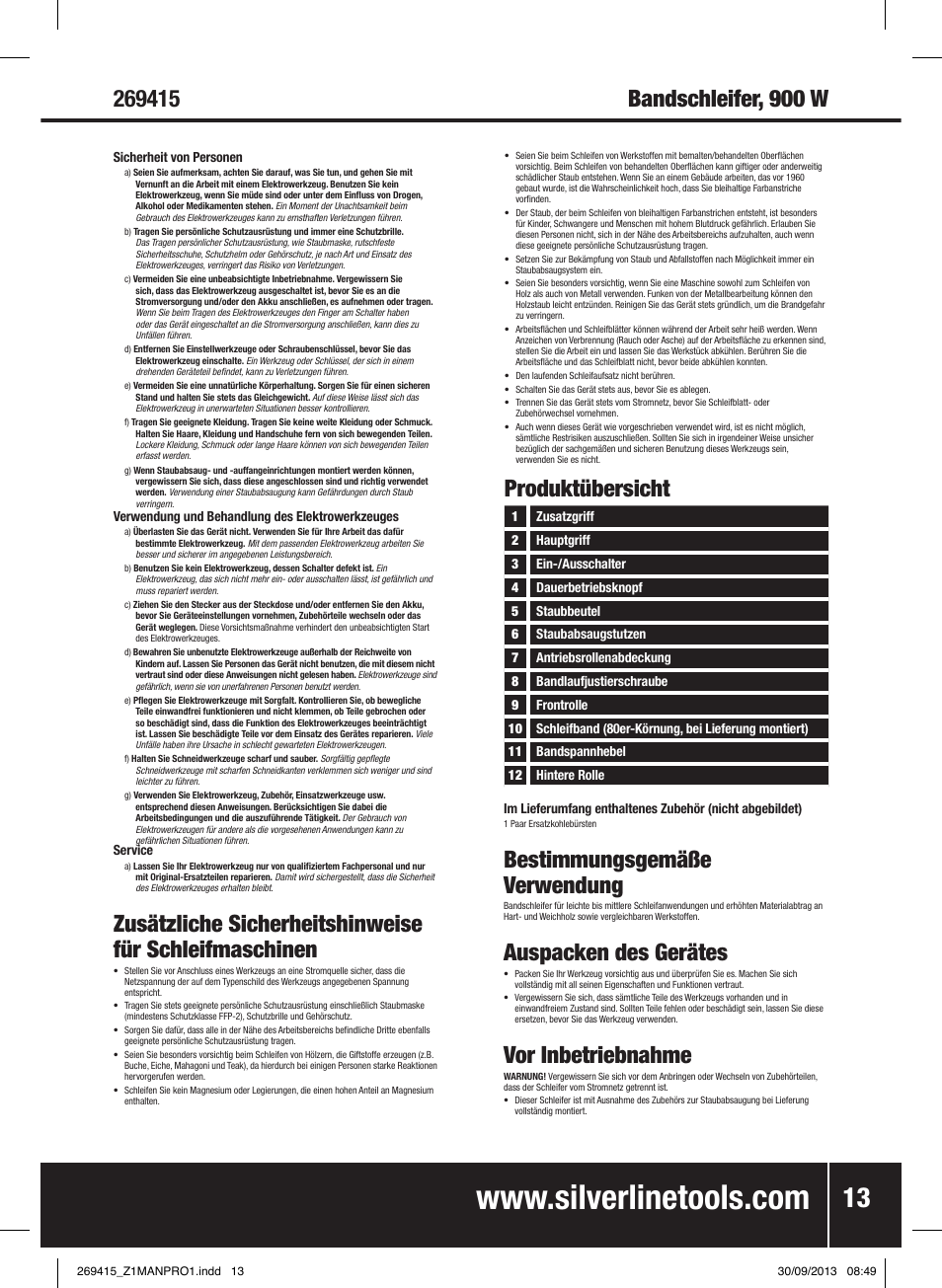 Produktübersicht, Bestimmungsgemäße verwendung, Auspacken des gerätes | Vor inbetriebnahme | Silverline 900W Belt Sander 76mm User Manual | Page 14 / 28