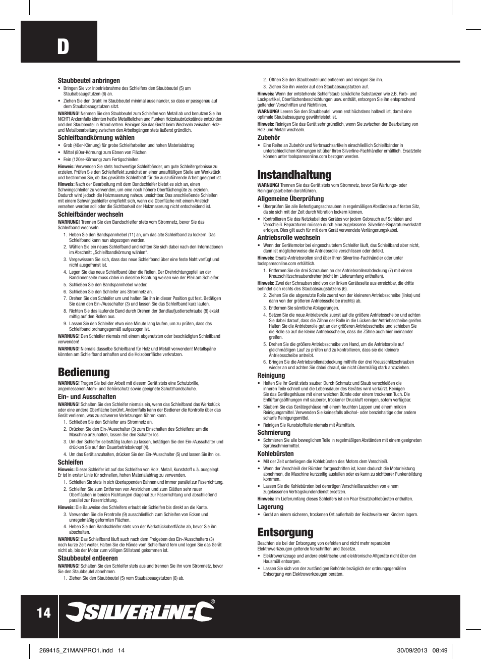 Bedienung, Instandhaltung, Entsorgung | Silverline 900W Belt Sander 76mm User Manual | Page 15 / 28