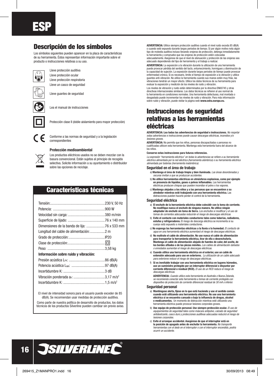 Características técnicas, Descripción de los símbolos | Silverline 900W Belt Sander 76mm User Manual | Page 17 / 28