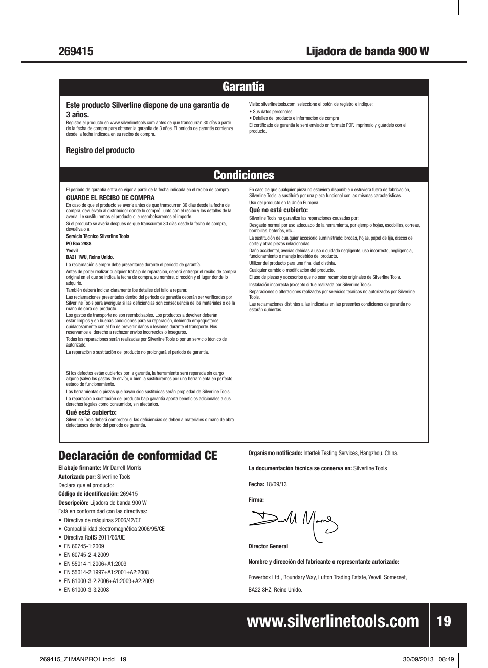 Declaración de conformidad ce | Silverline 900W Belt Sander 76mm User Manual | Page 20 / 28