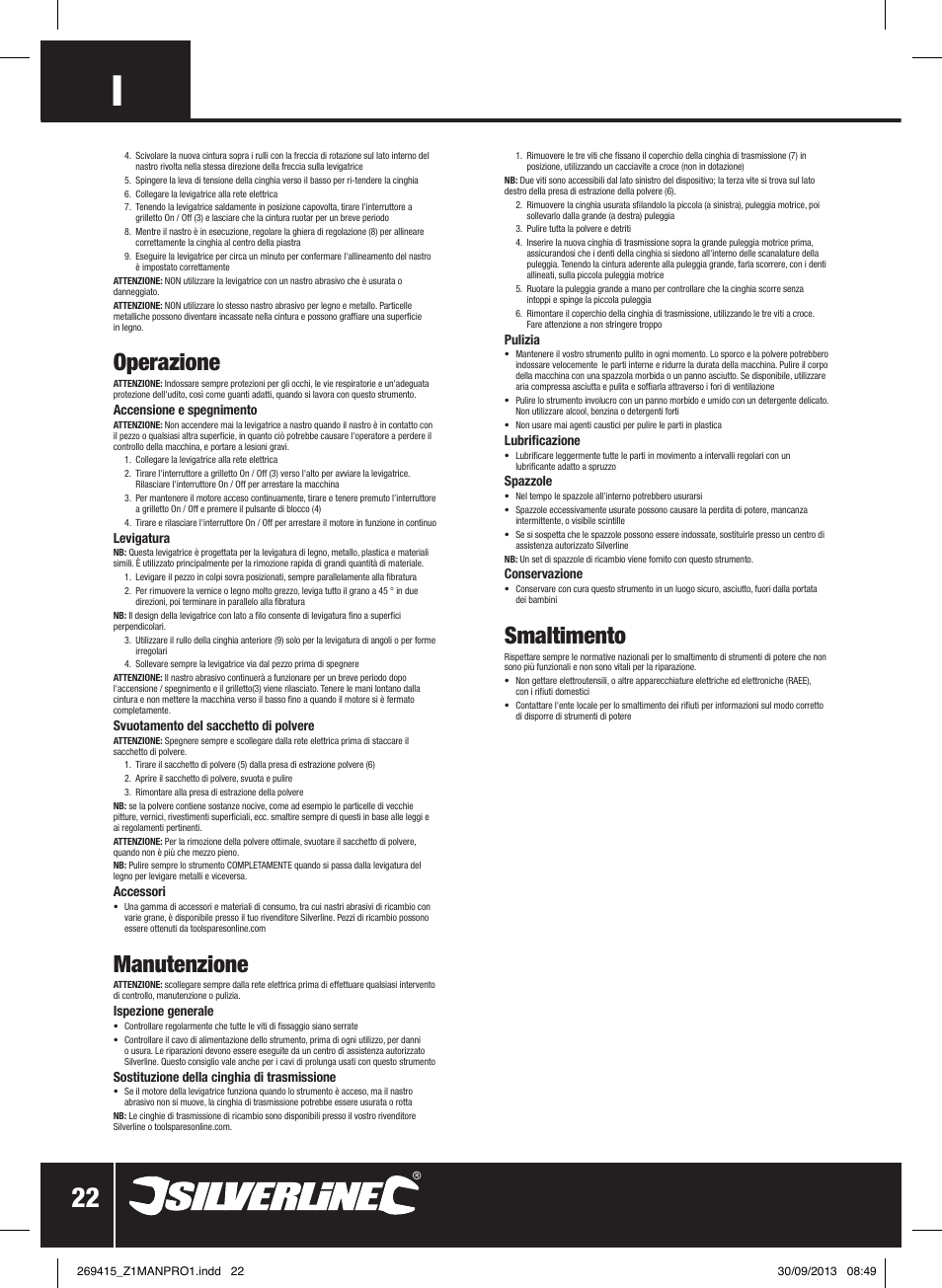 Operazione, Manutenzione, Smaltimento | Silverline 900W Belt Sander 76mm User Manual | Page 23 / 28