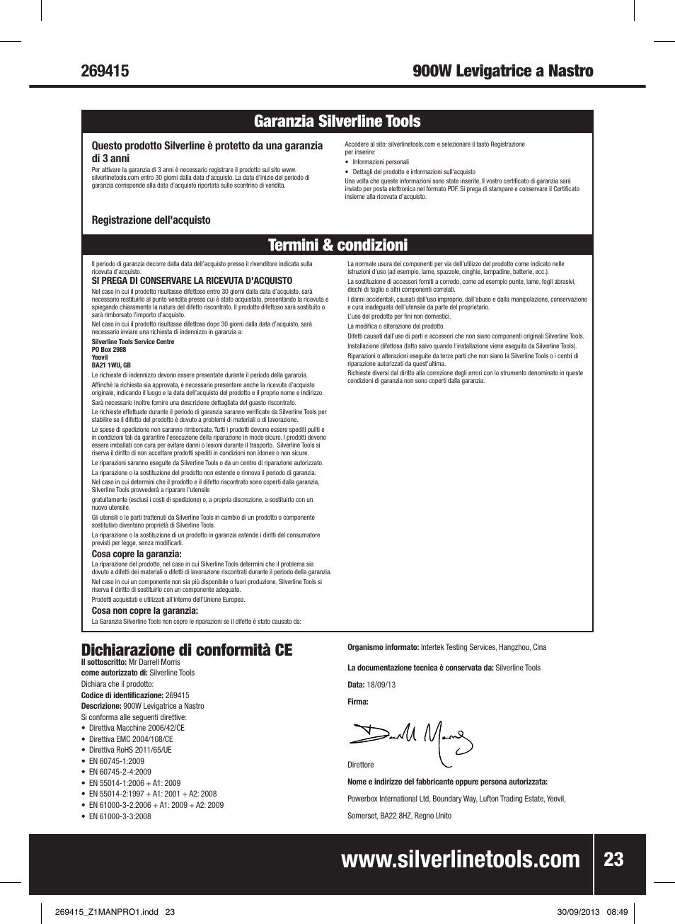 Dichiarazione di conformità ce | Silverline 900W Belt Sander 76mm User Manual | Page 24 / 28