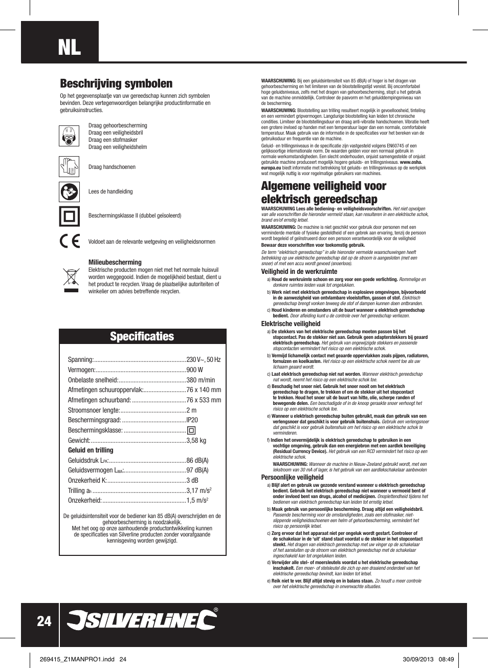 Algemene veiligheid voor elektrisch gereedschap, Specificaties, Beschrijving symbolen | Silverline 900W Belt Sander 76mm User Manual | Page 25 / 28