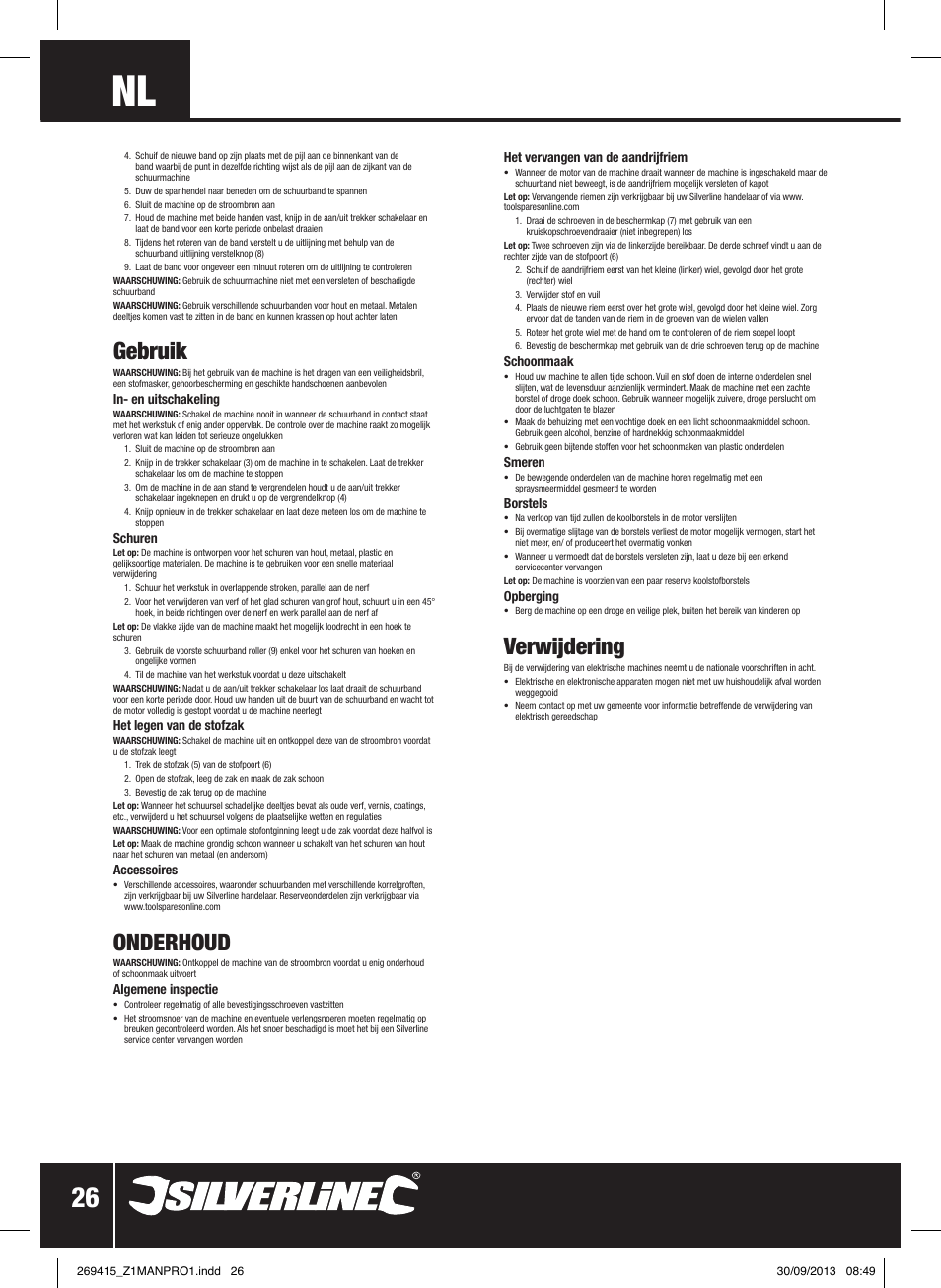 Gebruik, Onderhoud, Verwijdering | Silverline 900W Belt Sander 76mm User Manual | Page 27 / 28