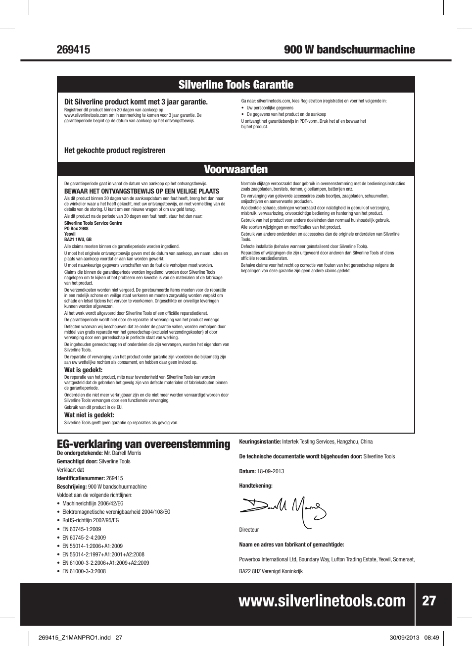 Eg-verklaring van overeenstemming | Silverline 900W Belt Sander 76mm User Manual | Page 28 / 28