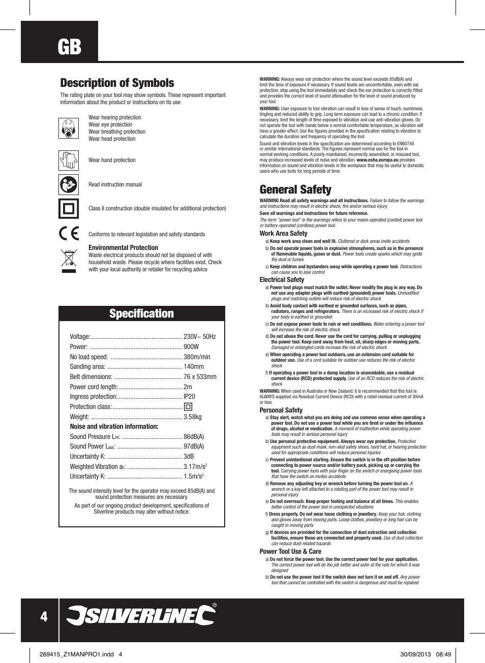 General safety, Specification, Description of symbols | Silverline 900W Belt Sander 76mm User Manual | Page 5 / 28