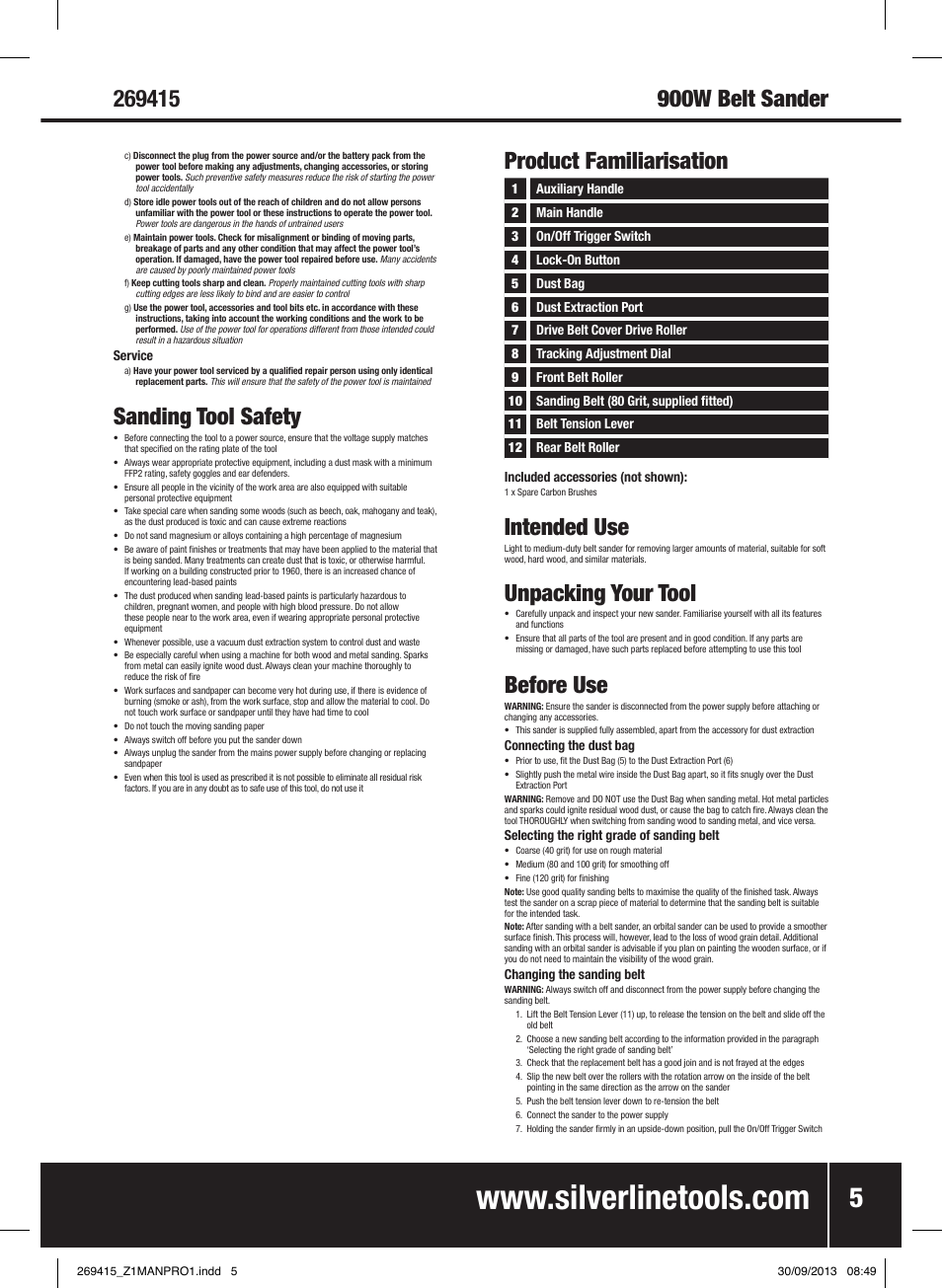 Sanding tool safety, Product familiarisation, Intended use | Unpacking your tool, Before use | Silverline 900W Belt Sander 76mm User Manual | Page 6 / 28