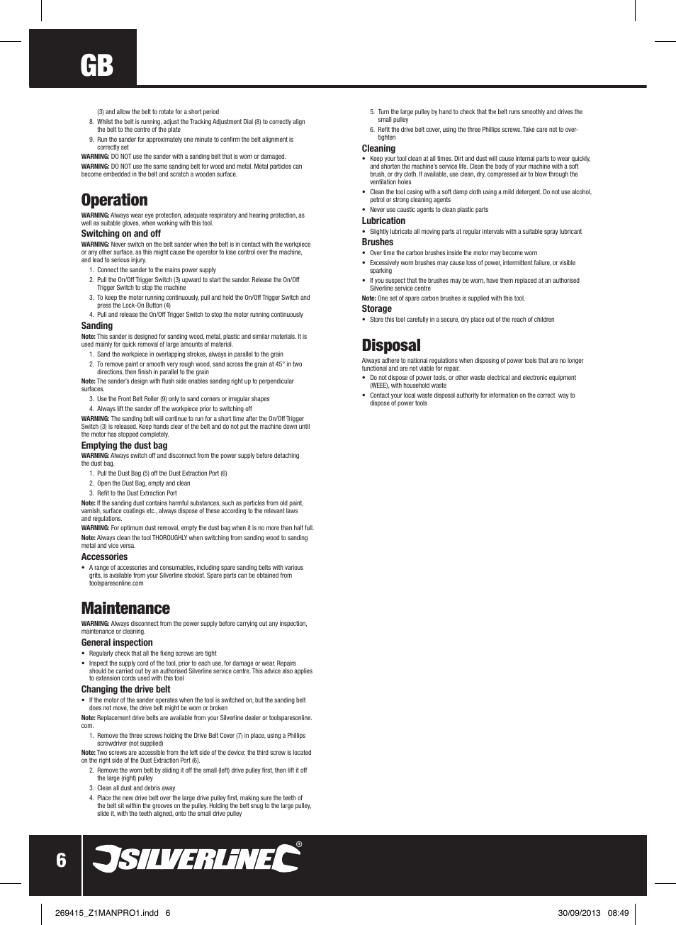 Operation, Maintenance, Disposal | Silverline 900W Belt Sander 76mm User Manual | Page 7 / 28