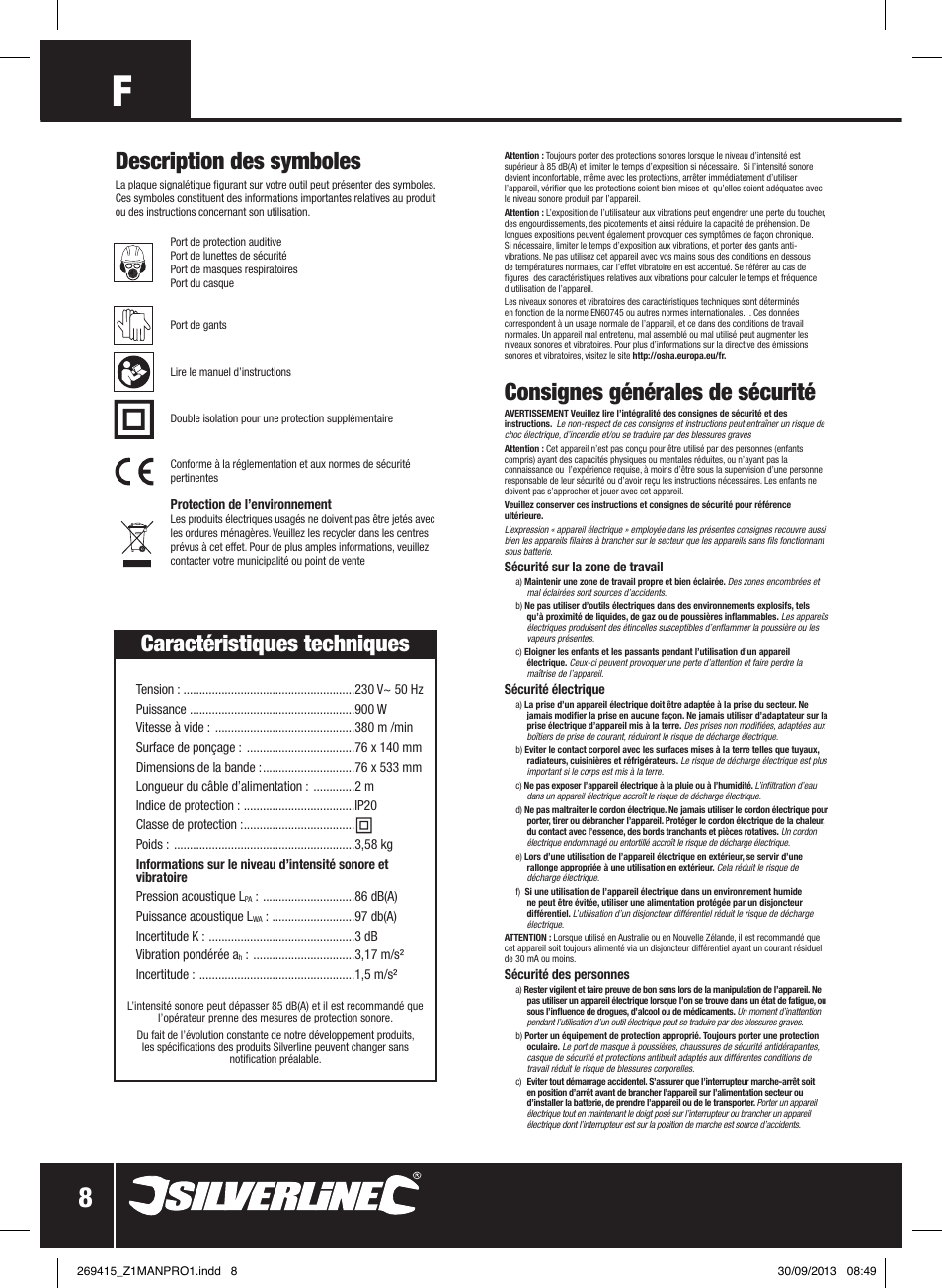 Consignes générales de sécurité, Caractéristiques techniques, Description des symboles | Silverline 900W Belt Sander 76mm User Manual | Page 9 / 28