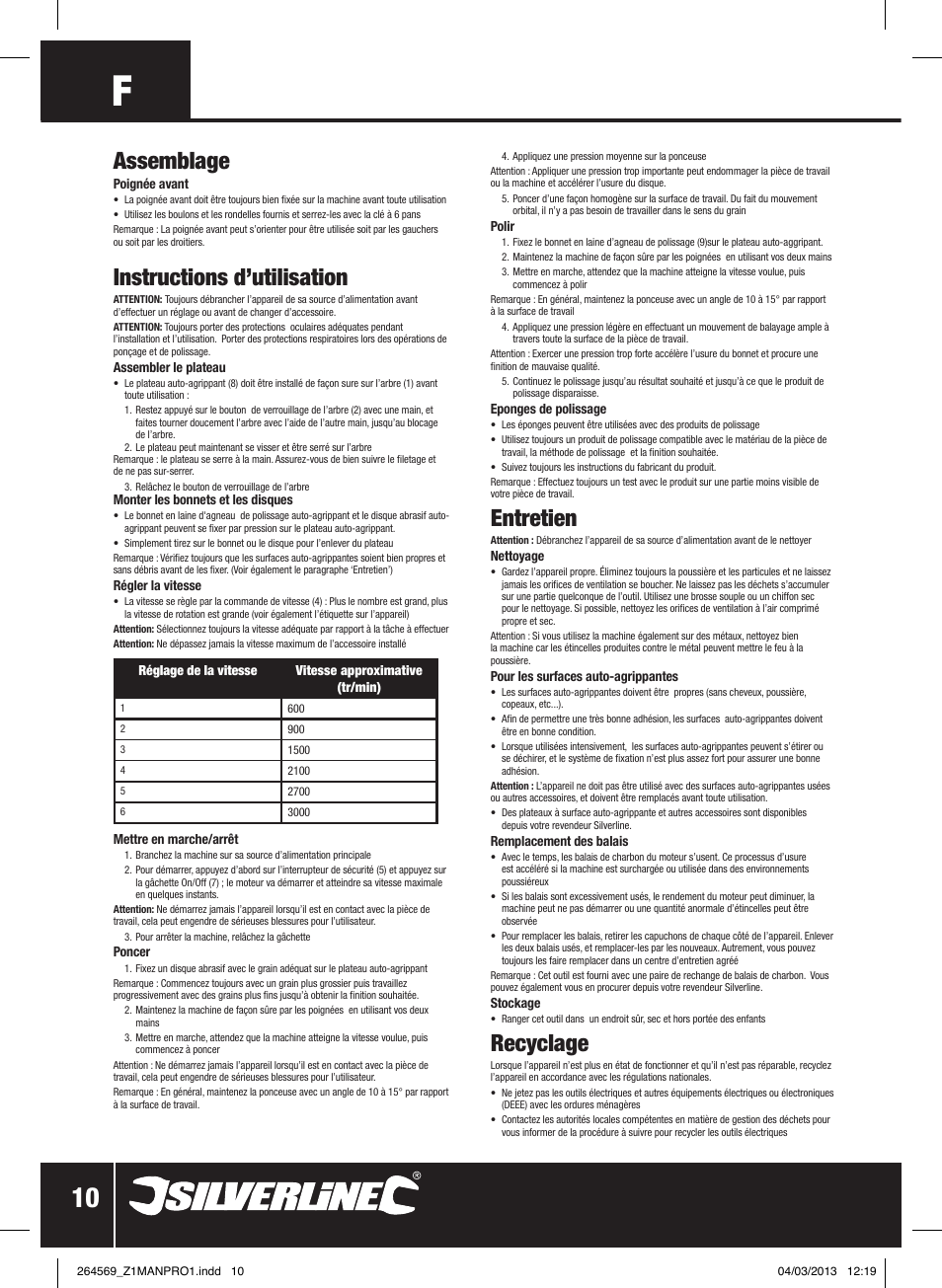 Assemblage, Instructions d’utilisation, Entretien | Recyclage | Silverline 1200W Sander Polisher User Manual | Page 11 / 28