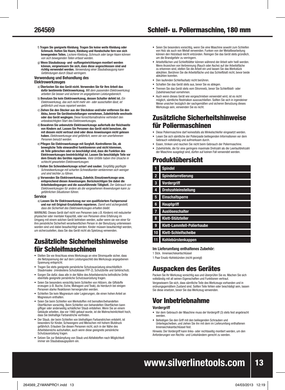 Auspacken des gerätes, Vor inbetriebnahme, Produktübersicht | Silverline 1200W Sander Polisher User Manual | Page 14 / 28