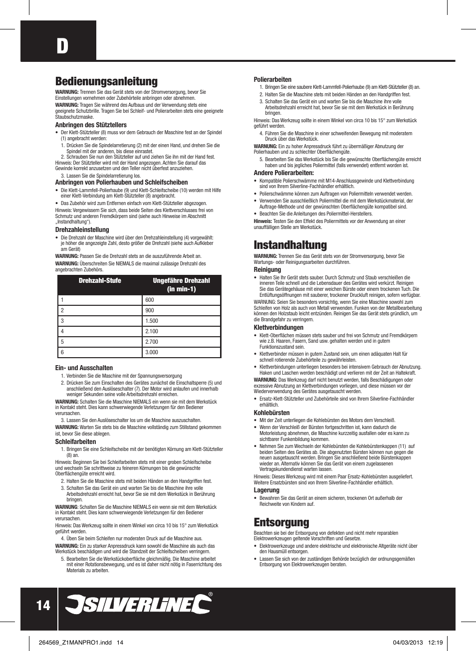 Bedienungsanleitung, Instandhaltung, Entsorgung | Silverline 1200W Sander Polisher User Manual | Page 15 / 28