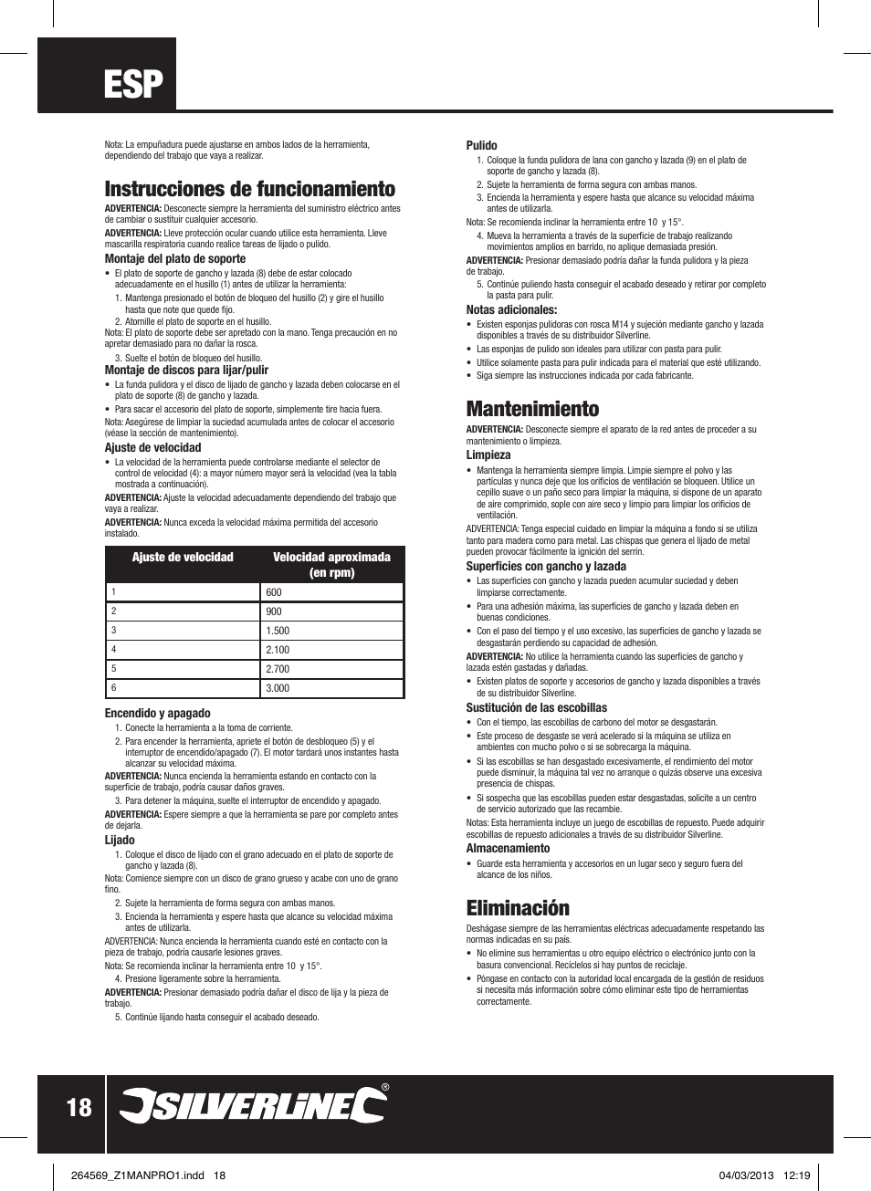 Instrucciones de funcionamiento, Mantenimiento, Eliminación | Silverline 1200W Sander Polisher User Manual | Page 19 / 28