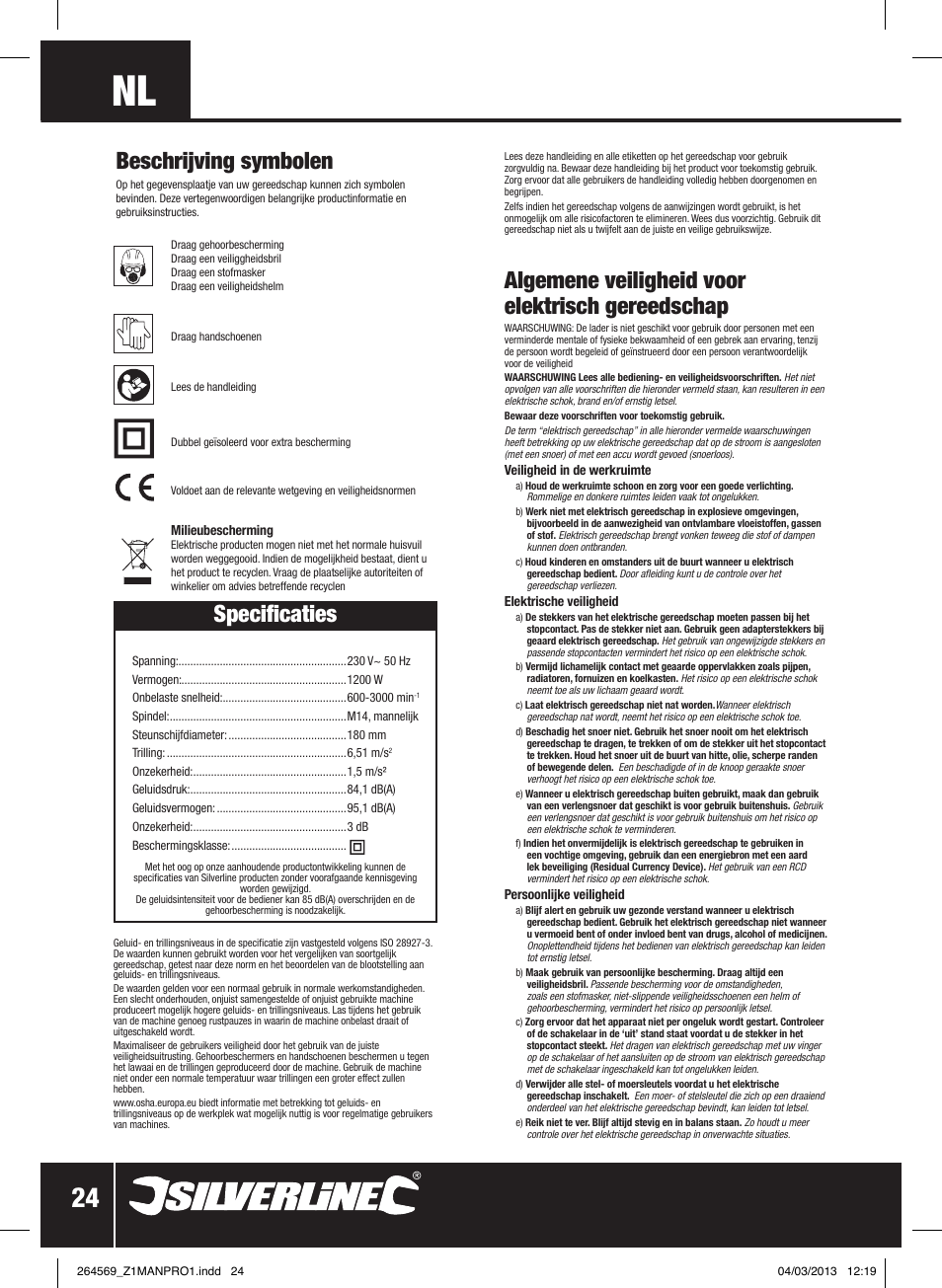 Algemene veiligheid voor elektrisch gereedschap, Beschrijving symbolen, Specificaties | Silverline 1200W Sander Polisher User Manual | Page 25 / 28