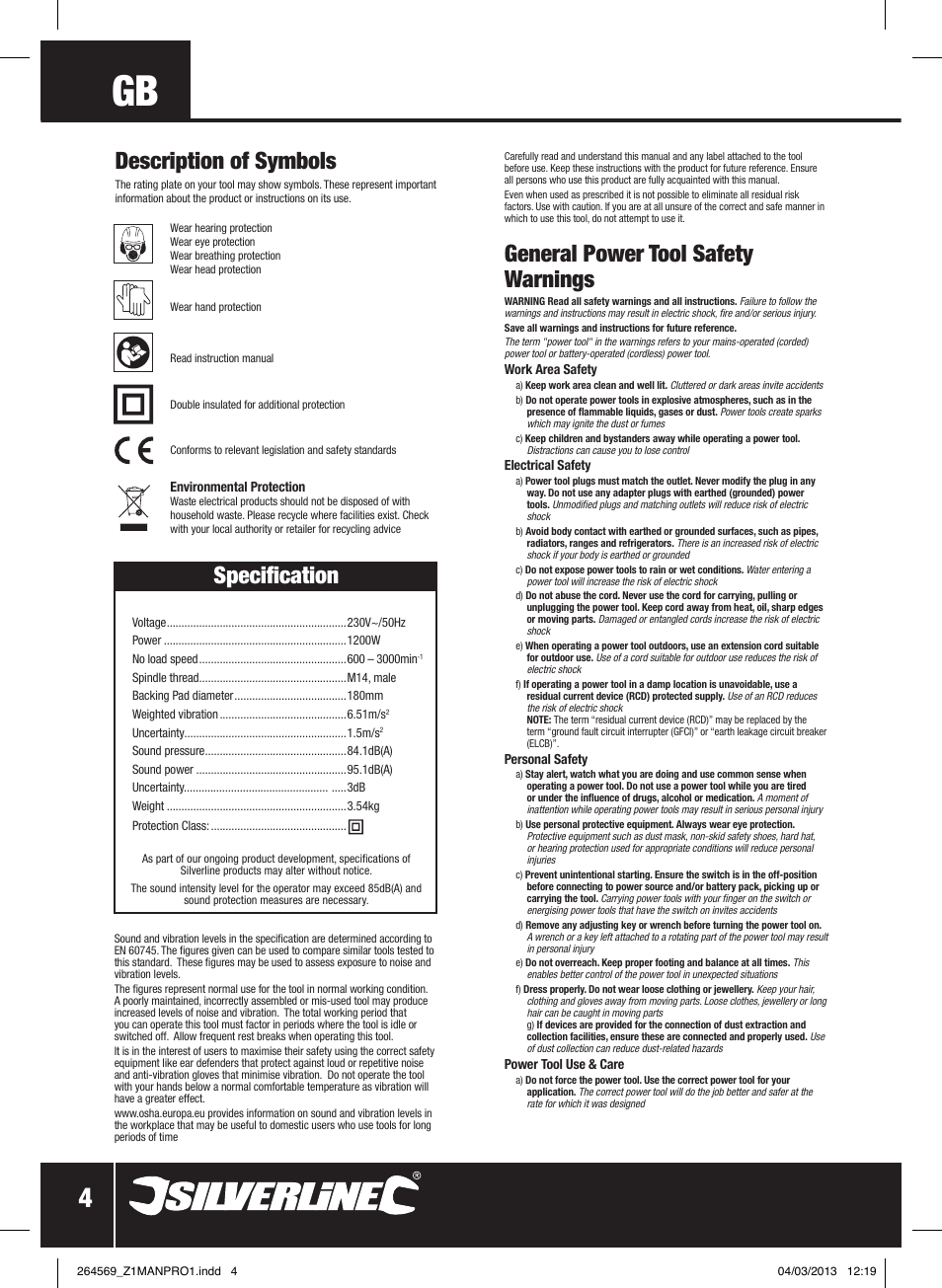 General power tool safety warnings, Description of symbols, Specification | Silverline 1200W Sander Polisher User Manual | Page 5 / 28