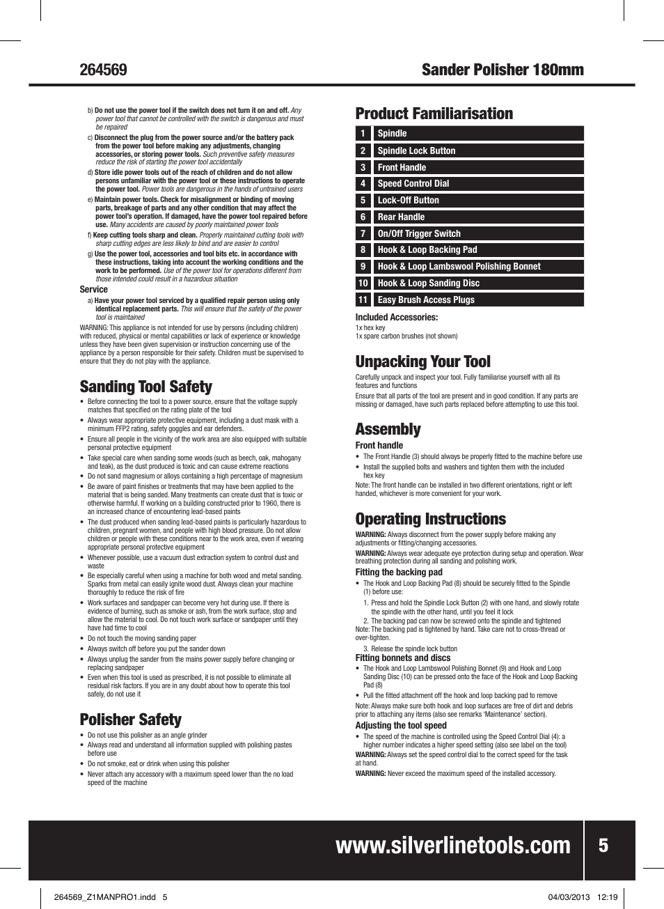 Sanding tool safety, Polisher safety, Unpacking your tool | Assembly, Operating instructions, Product familiarisation | Silverline 1200W Sander Polisher User Manual | Page 6 / 28