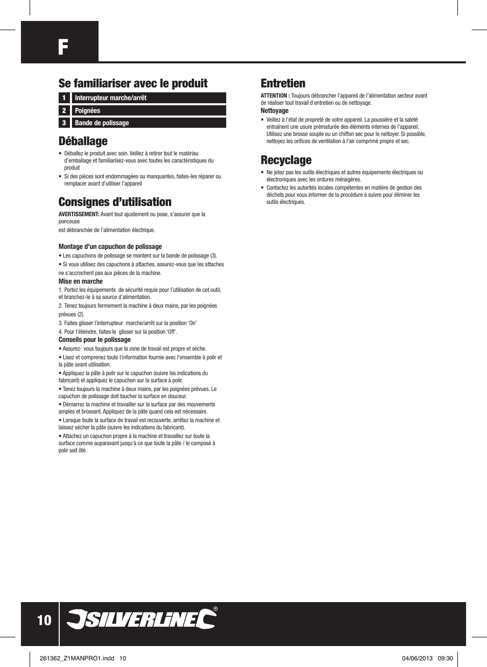 Déballage, Consignes d’utilisation, Entretien | Recyclage, Se familiariser avec le produit | Silverline 110W Orbital Car Polisher User Manual | Page 11 / 28