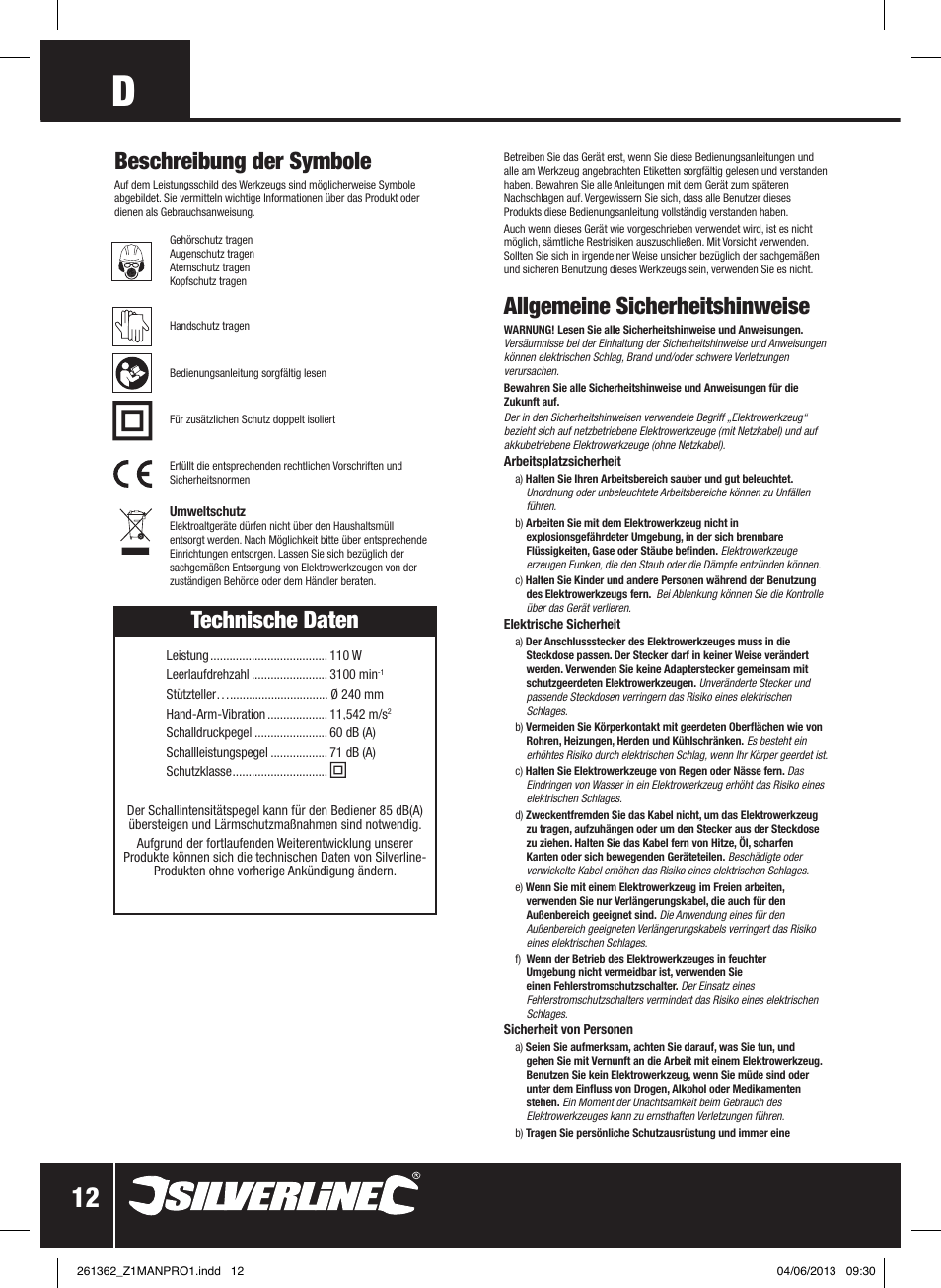 Technische daten, Allgemeine sicherheitshinweise, Beschreibung der symbole | Silverline 110W Orbital Car Polisher User Manual | Page 13 / 28