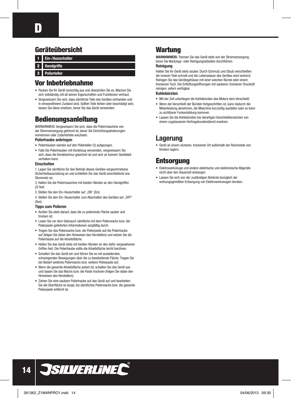 Geräteübersicht vor inbetriebnahme, Bedienungsanleitung, Wartung | Lagerung, Entsorgung | Silverline 110W Orbital Car Polisher User Manual | Page 15 / 28