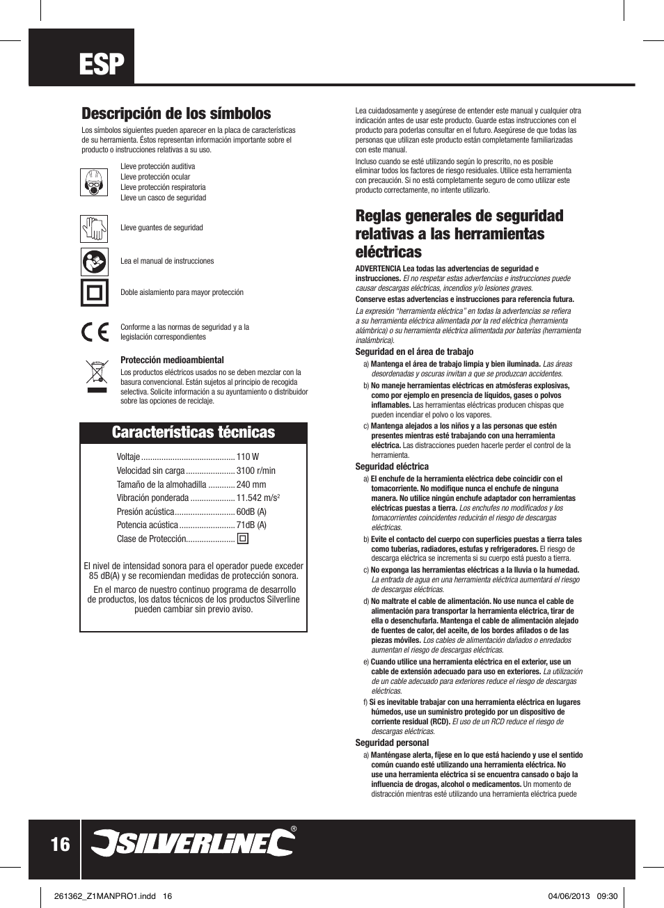 Características técnicas, Descripción de los símbolos | Silverline 110W Orbital Car Polisher User Manual | Page 17 / 28