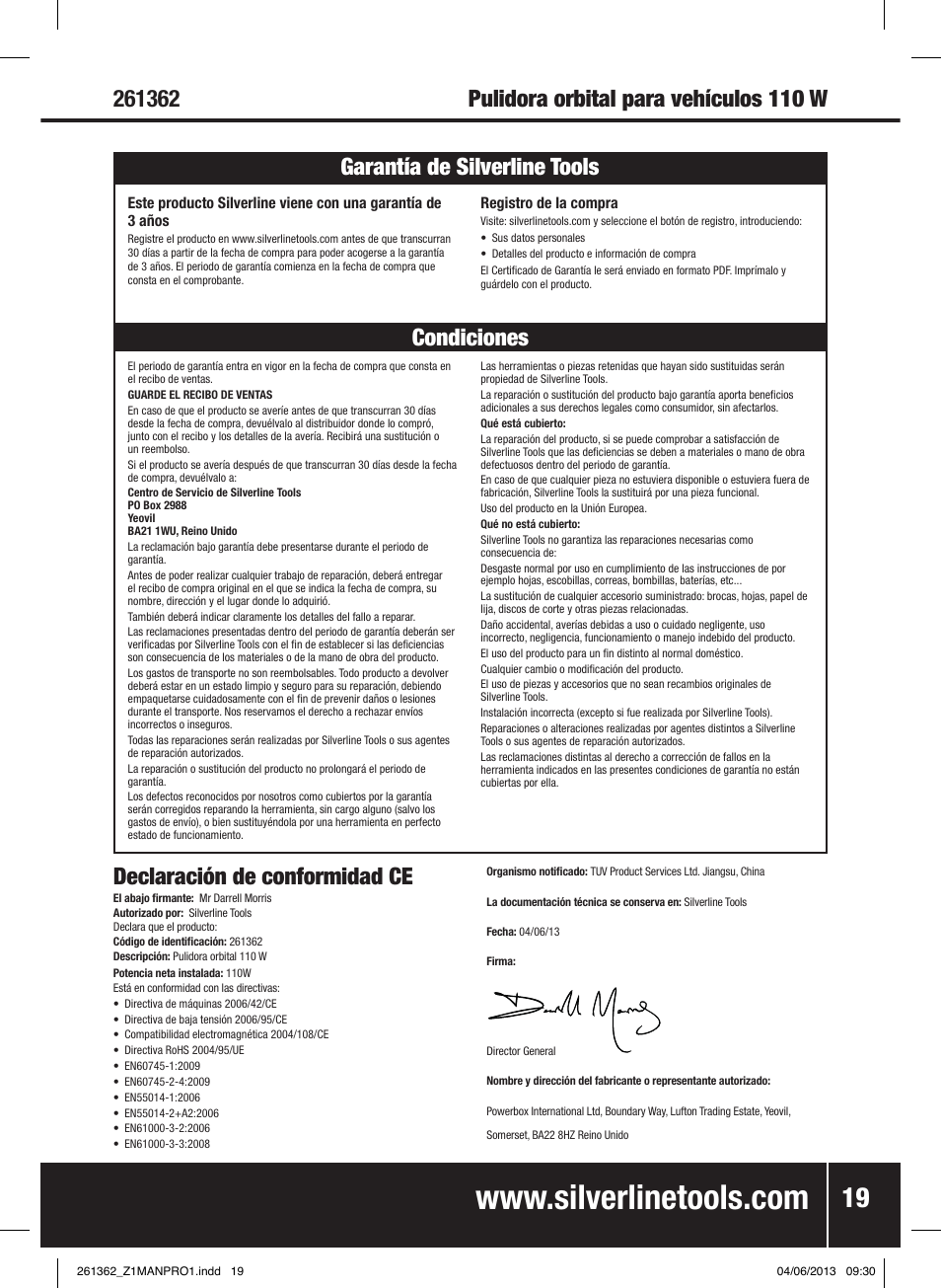 Declaración de conformidad ce | Silverline 110W Orbital Car Polisher User Manual | Page 20 / 28